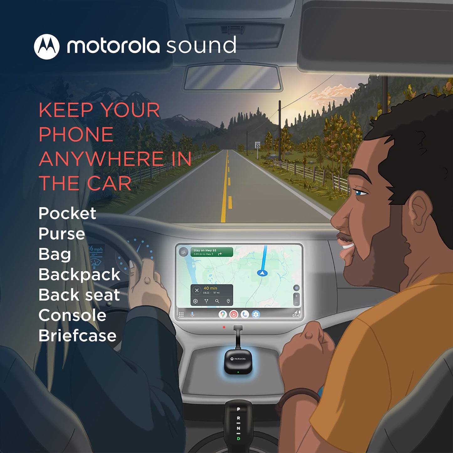 Motorola MA1 Wireless Android Auto Car Adapter - Instant Connection Using Google-Licensed Bridge Technology from Smartphone to Screen - USB Type-A Plug-in - Secure Gel Pad