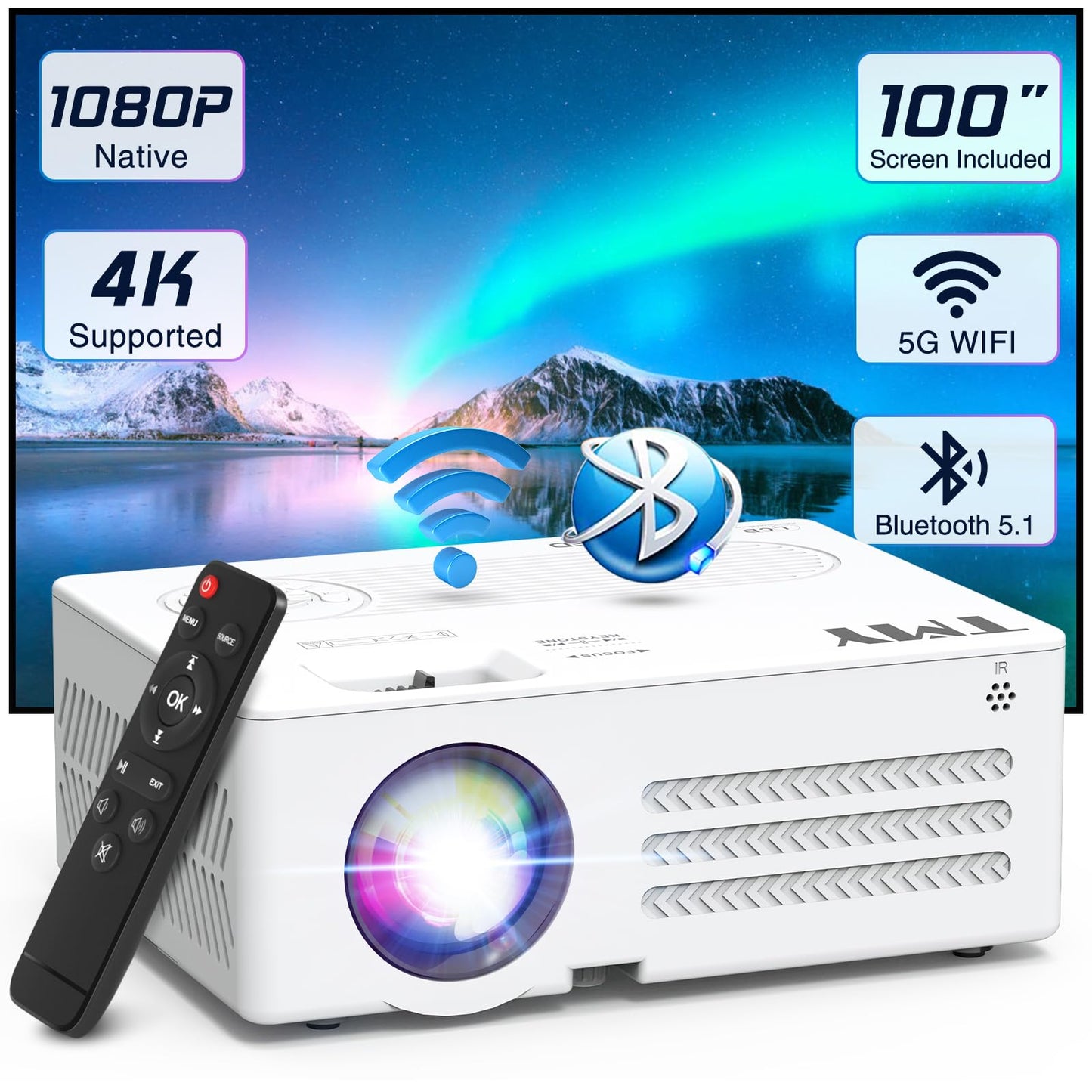 TMY Projector with WiFi and Bluetooth【100" screen included】Native 1080P Outdoor Projector, 4K Supported Portable Projector, Compatible with iOS/Android/PC/TV Stick/HDMI/USB, Indoor Outdoor Use