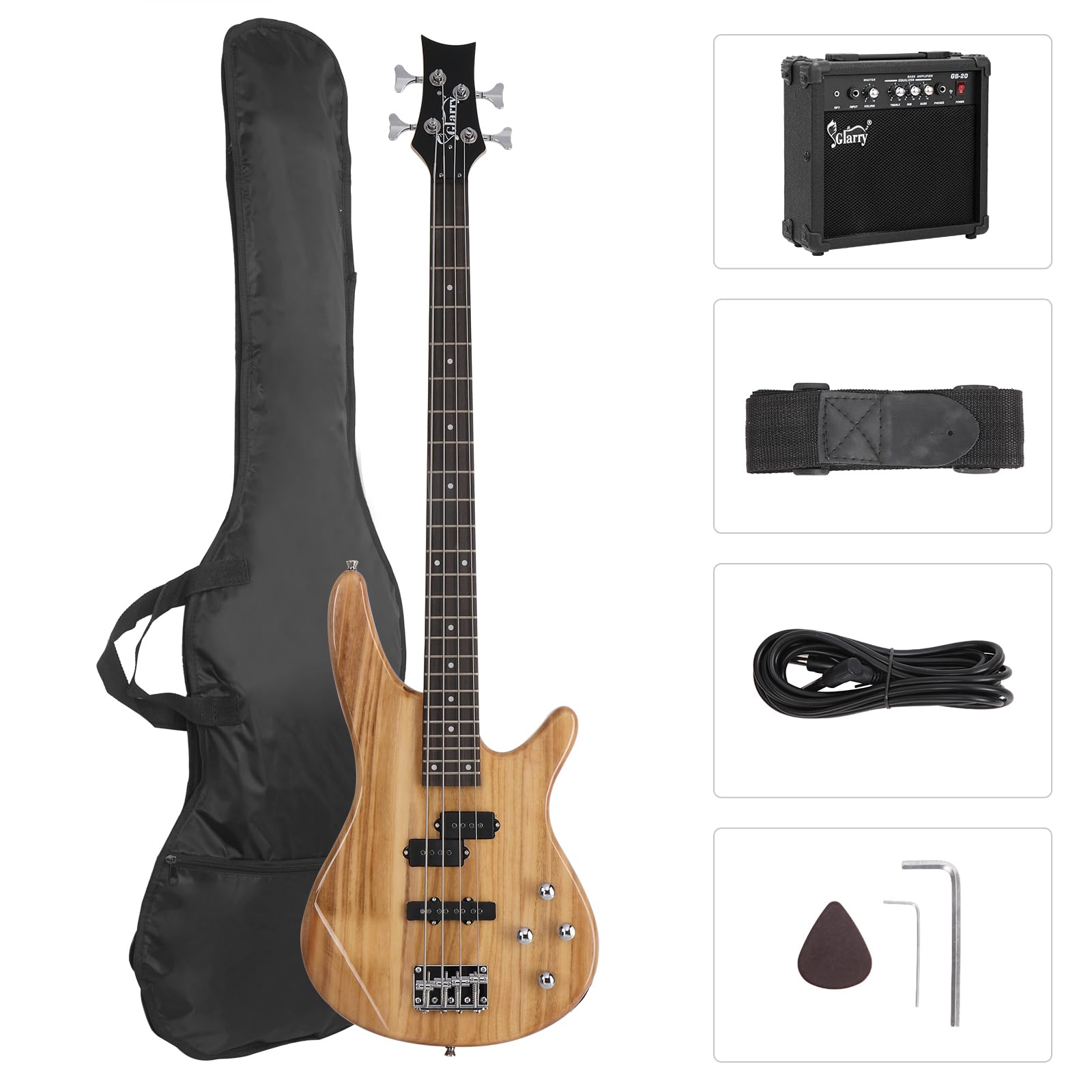 GLARRY 4 String GJazz Electric Bass Guitar Full Size Right Handed with Guitar Bag, Amp Cord and Beginner Kits (Burly Wood)