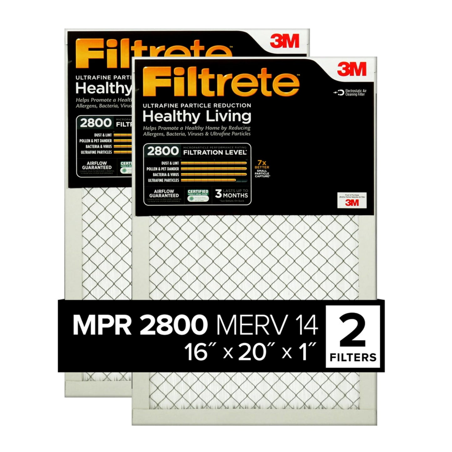 Filtrete 14x20x1 Air Filter, MPR 2800, MERV 14, Healthy Living Ultrafine Particle Reduction 3-Month Pleated 1-Inch Air Filters, 2 Filters