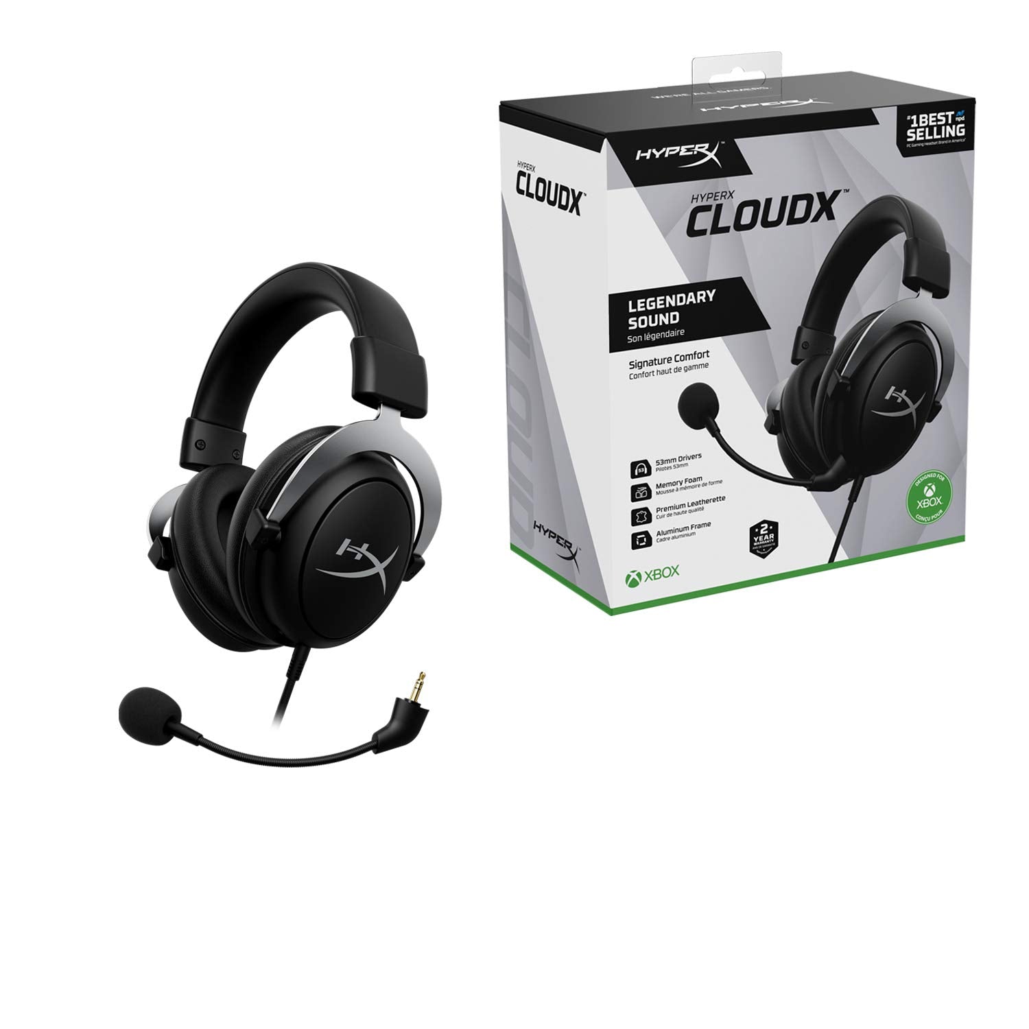 HyperX CloudX, Official Xbox Licensed Gaming Headset, Compatible with Xbox One and Series X|S, Memory Foam Ear Cushions, Detachable Noise-Cancelling Mic, in-line Audio Controls,Black/ Silver