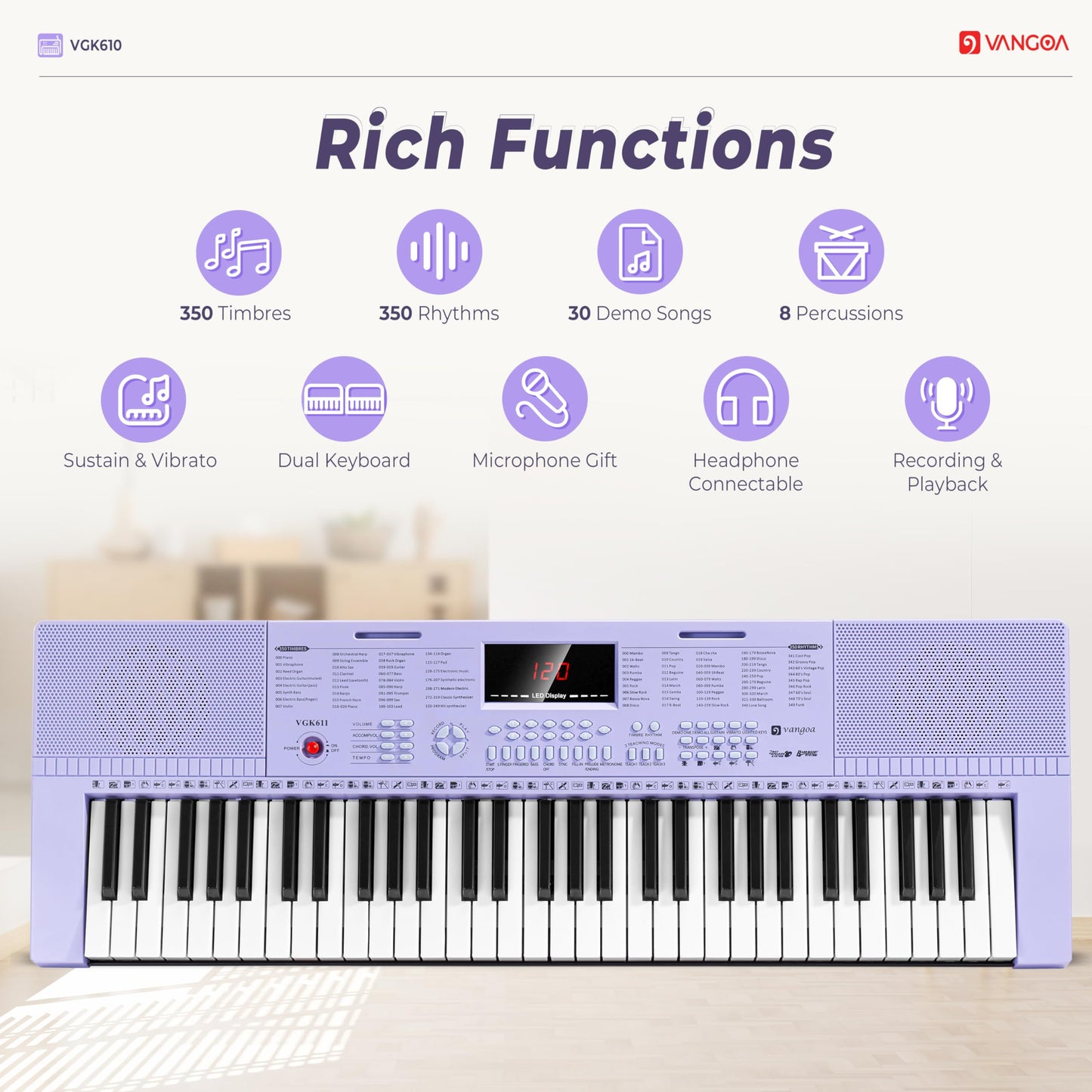 Vangoa 61-Key Light-Up Keyboard Piano for Beginners, 350 Tones &amp; Timbres, 3 Teaching Modes, With Microphone, Black