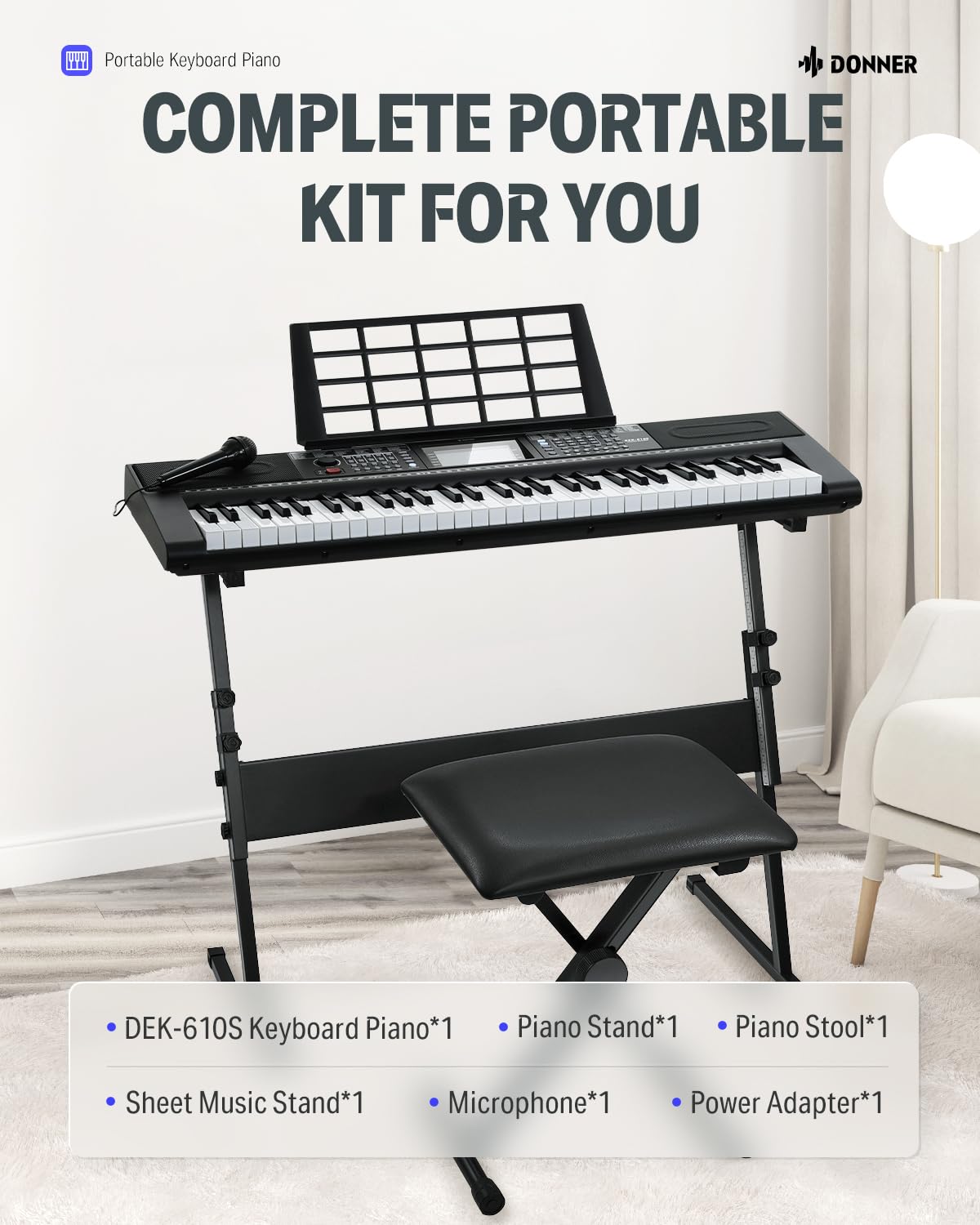 Donner Keyboard Piano, 61 Key Piano Keyboard for Beginner/Professional, Electric Keyboard Kit with 249 Voices, 249 Rhythms - Includes Music Stand, Microphone, Black (DEK-610S)