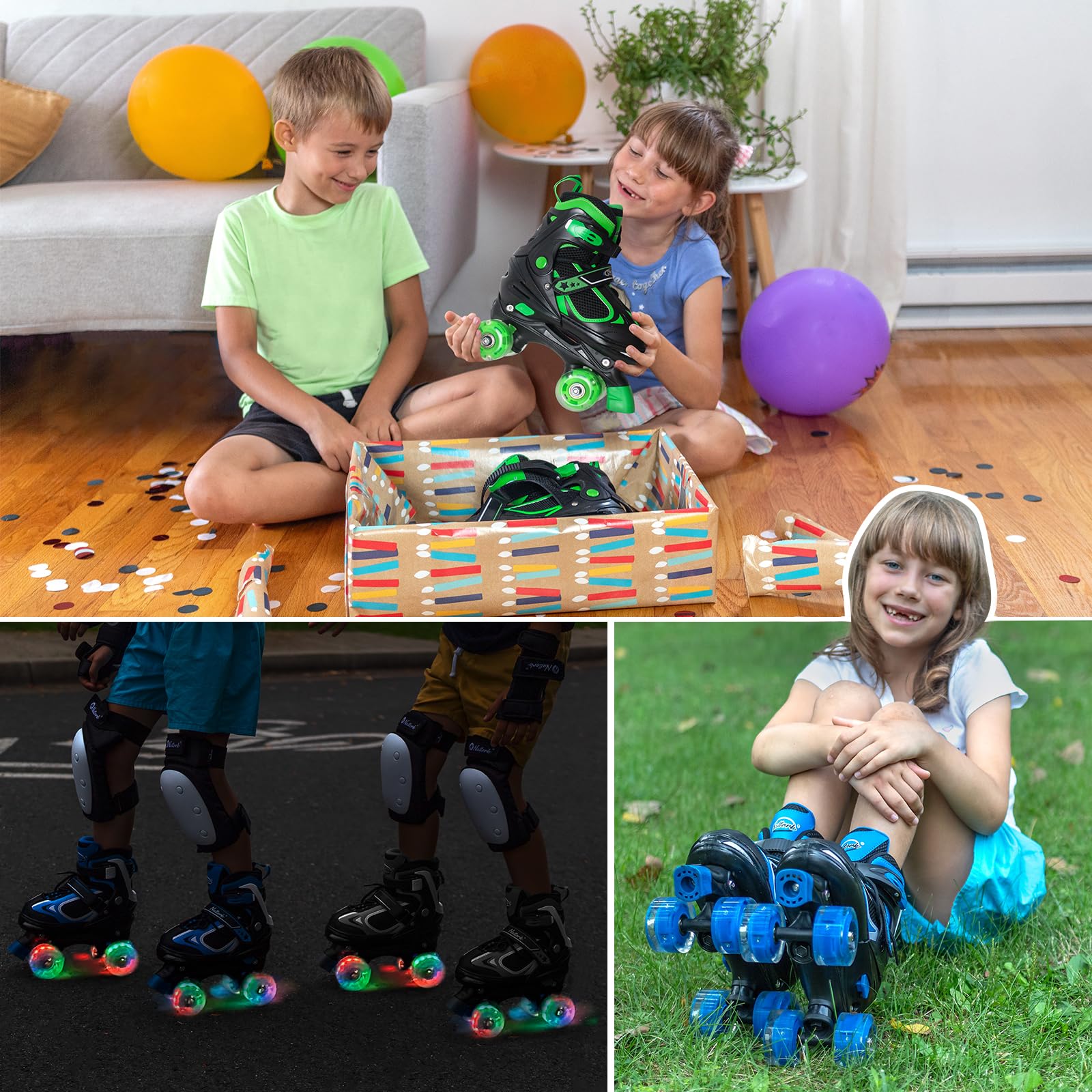 Nattork Kids Roller Skates for Boys Girls Kids, 4 Sizes Adjustable Quad Skates with All Light up Wheels - Birthday Gift for Indoor Outdoor Sports