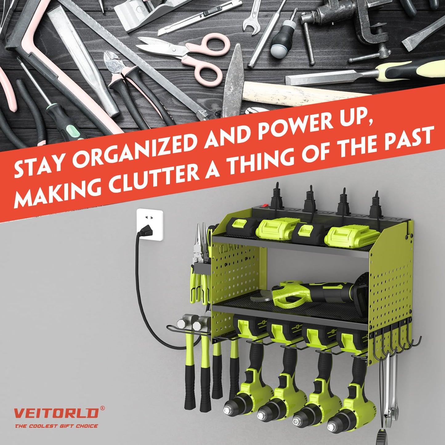 Veitorld Power Tool Organizer with Charging Station, Garage Tool Storage Organizer Built in 8 Outlet Power Strip with Drawers, 6 Drill Holder Wall Mount, Gifts for Men Dad Husband Him Fathers Day