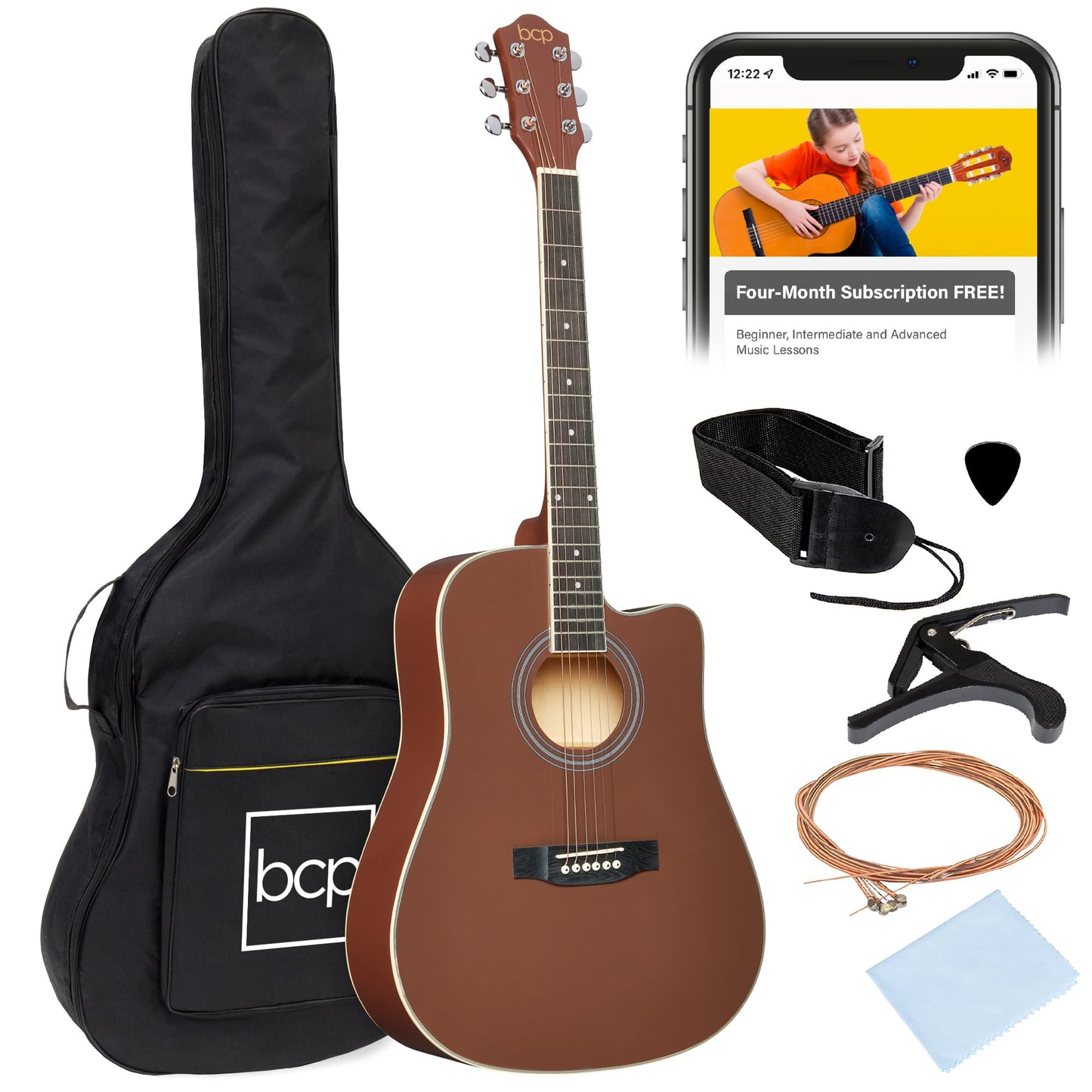 Best Choice Products 41in Beginner Acoustic Guitar Full Size All Wood Cutaway Guitar Starter Set w/Case, Strap, Capo, Strings, Picks - Aged Natural