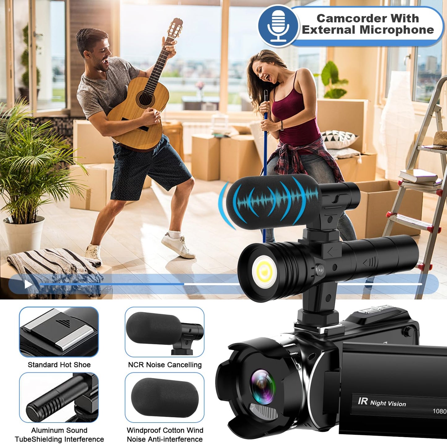 4K Night Vision Camcorder Digital with IR Light, 20X Digital Zoom, 270° YouTube Vlogging Camera Recorder, Support Full HD 3.0‘’ Camcorder with Microphone, 2 Batteries