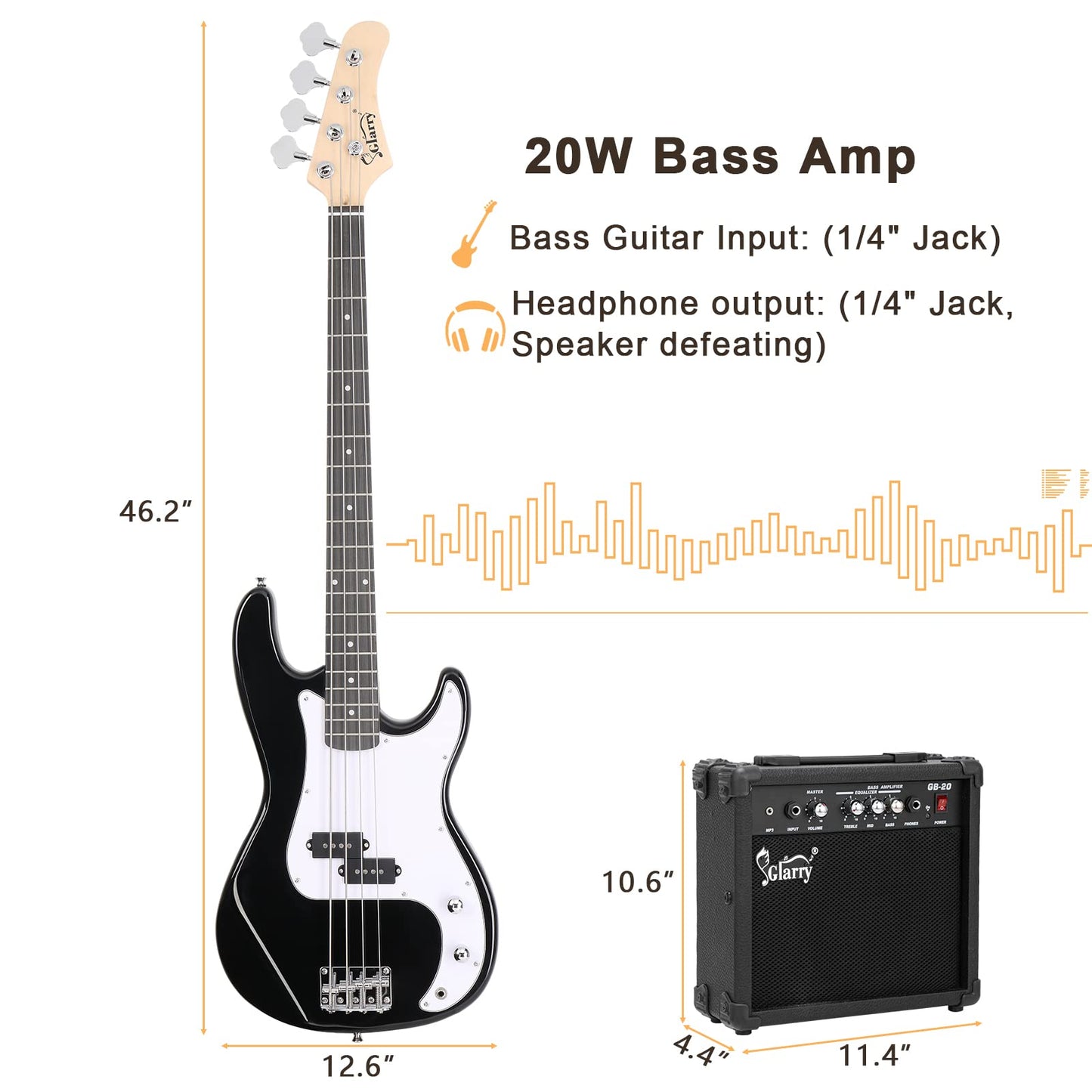 GLARRY Full Size Electric Bass Guitar Beginner Kit 4 String with AMP, Cable, Strap, Bag and Accessories (Black)