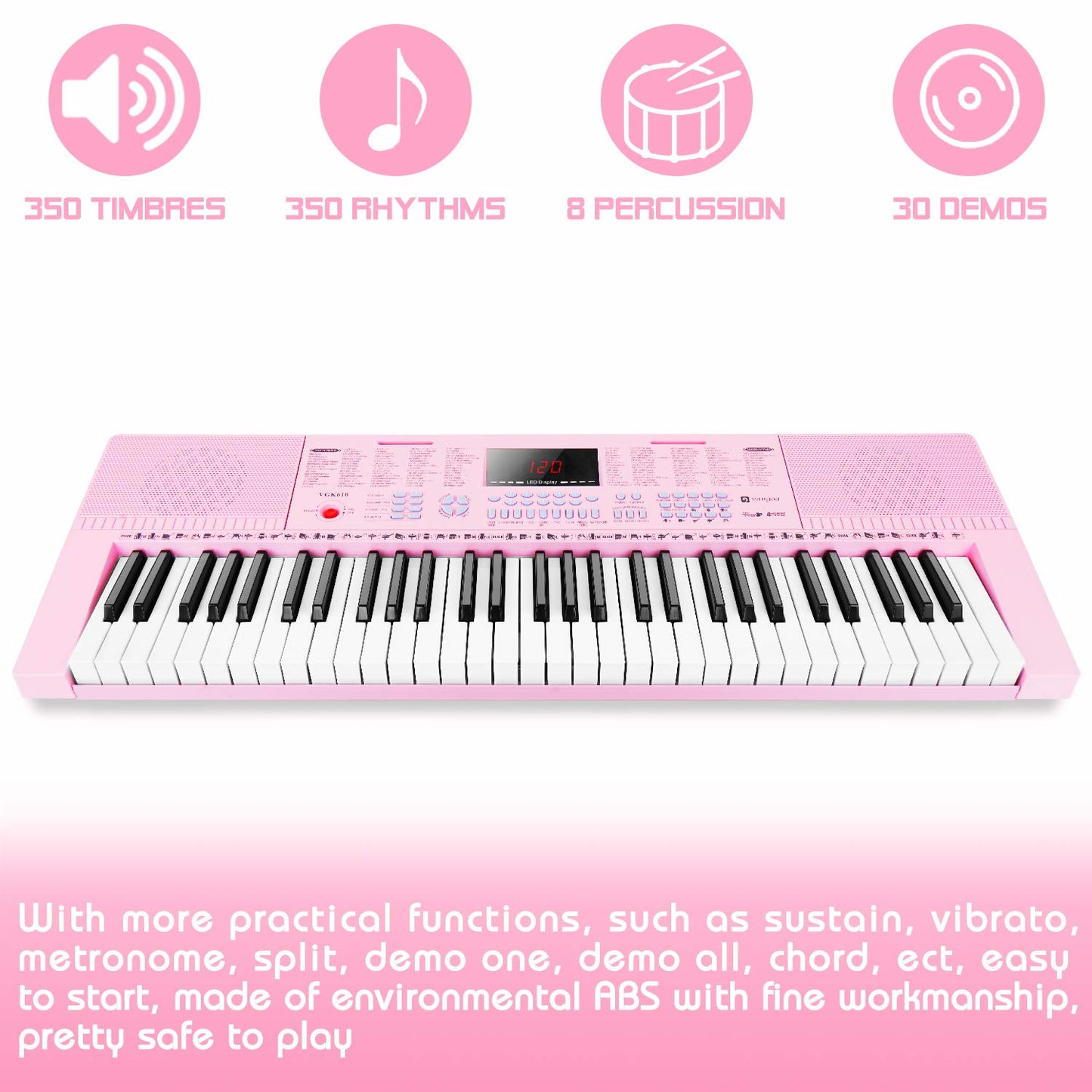 Vangoa 61-Key Light-Up Keyboard Piano for Beginners, 350 Tones &amp; Timbres, 3 Teaching Modes, With Microphone, Black