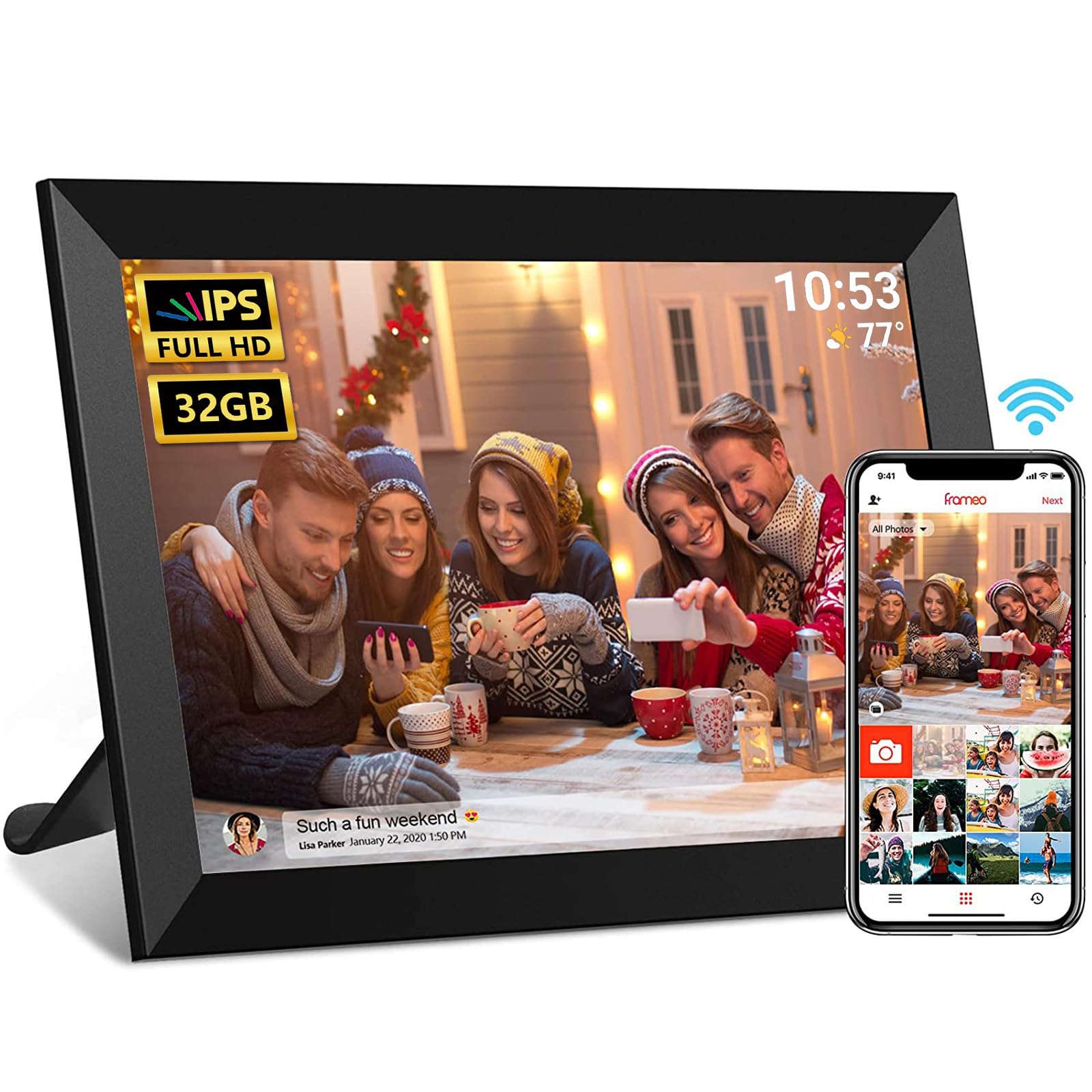 FRAMEO Digital Photo Frame, 10.1 Inch WiFi Digital Picture Frame with 1280x800 IPS HD Touch Screen, 32GB Storage Auto-Rotate Wall Mountable Easy Share Photos or Videos via Frameo App from Anywhere