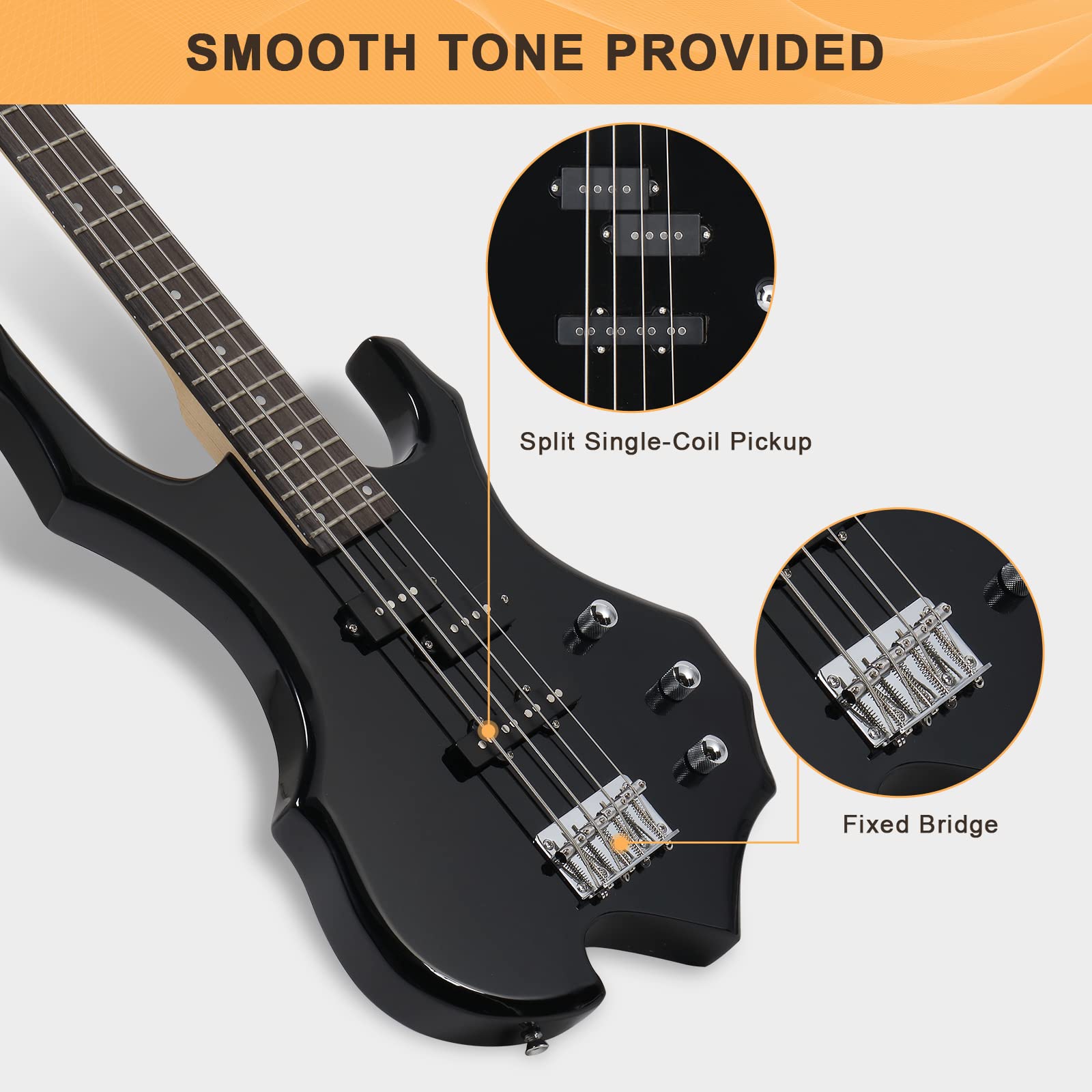 GLARRY Electric Bass Guitar 4 Strings Buring Fire Style Full Size for Beginner Right Hand with Bag, Strap and Accessories (Black)