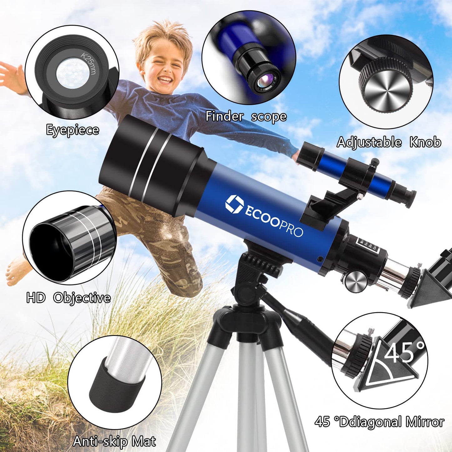 Telescope for Kids Beginners Adults, 70mm Astronomy Refractor Telescope with Adjustable Tripod - Perfect Telescope Gift for Kids