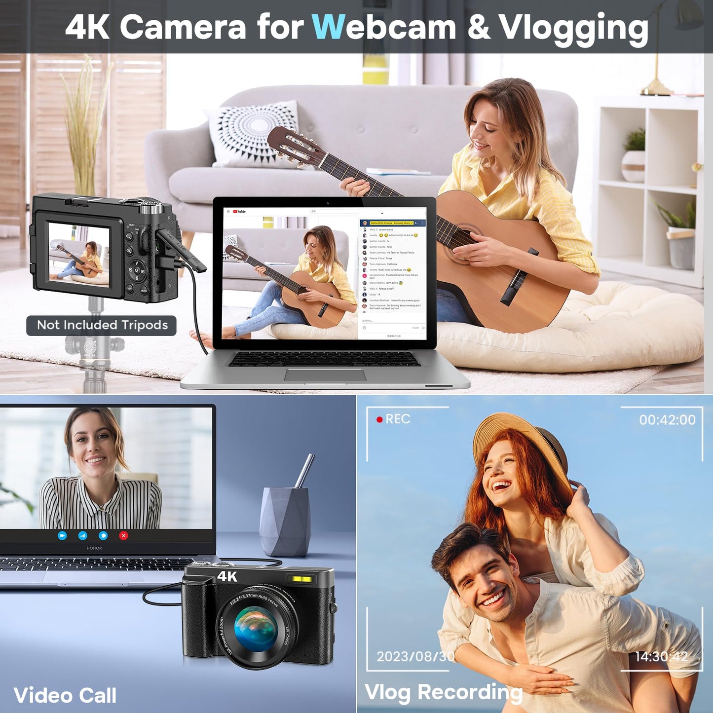 4K Digital Camera for Photography Autofocus, Upgraded 48MP Vlogging Camera for YouTube with SD Card, 3" 180 Flip Screen Compact Travel Camera with 16X Digital Zoom, Flash, Anti-Shake, 2 Batteries