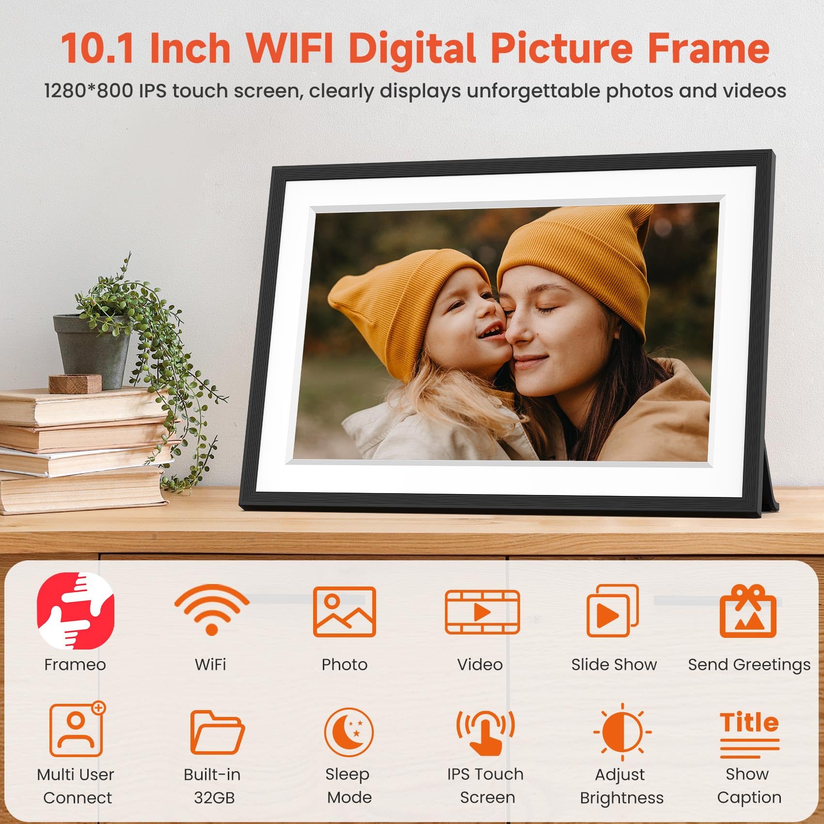 Frameo 10.1" WiFi Digital Picture Frame with 32GB Memory, 1280 x 800 IPS HD Touch Screen Electronic Photo Frame, Auto-Rotate, Slideshow, Wall Mountable, Share Photos/Video Remotely Anywhere