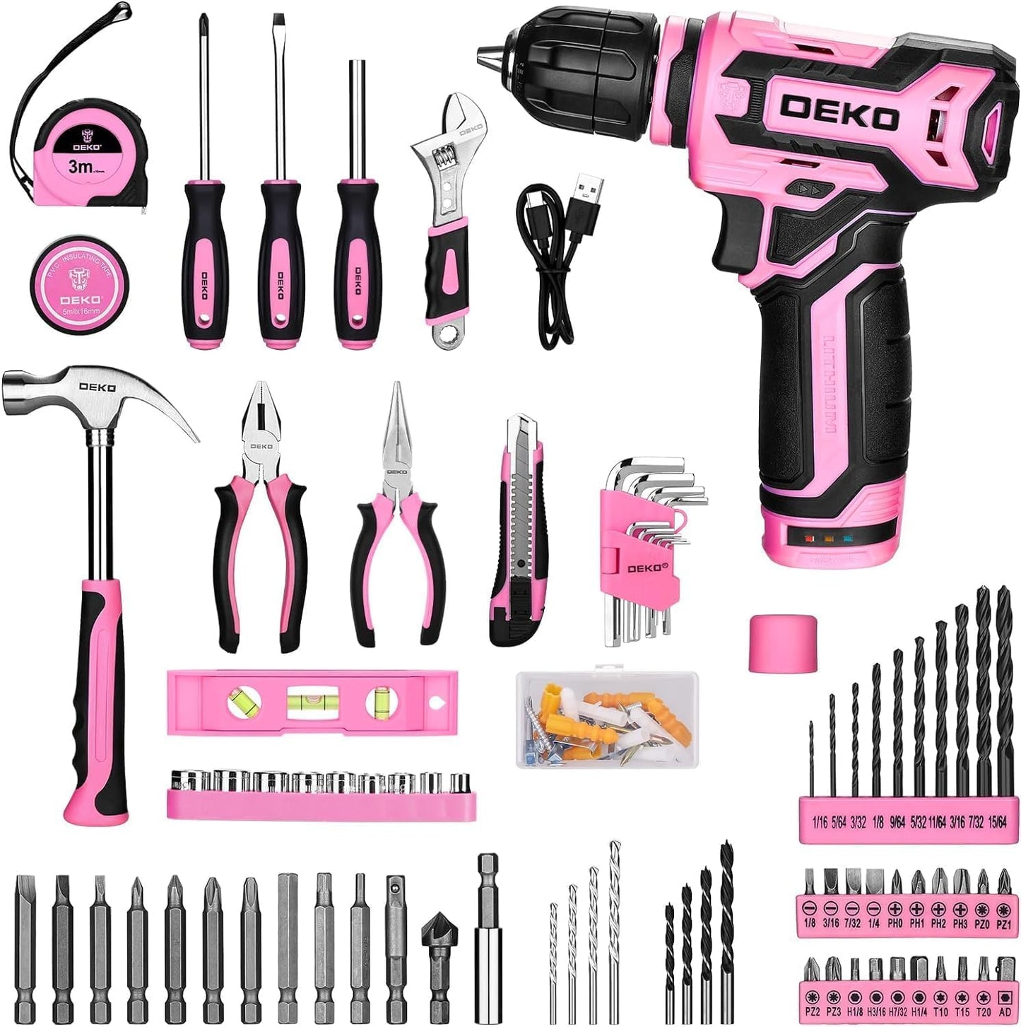 Pink Drill Tool Set Kit: Power Cordless Drill Tool Box with 12V Battery Electric Pink Drill Driver Set for Women Home Hand Repair Tools Sets Drills Case