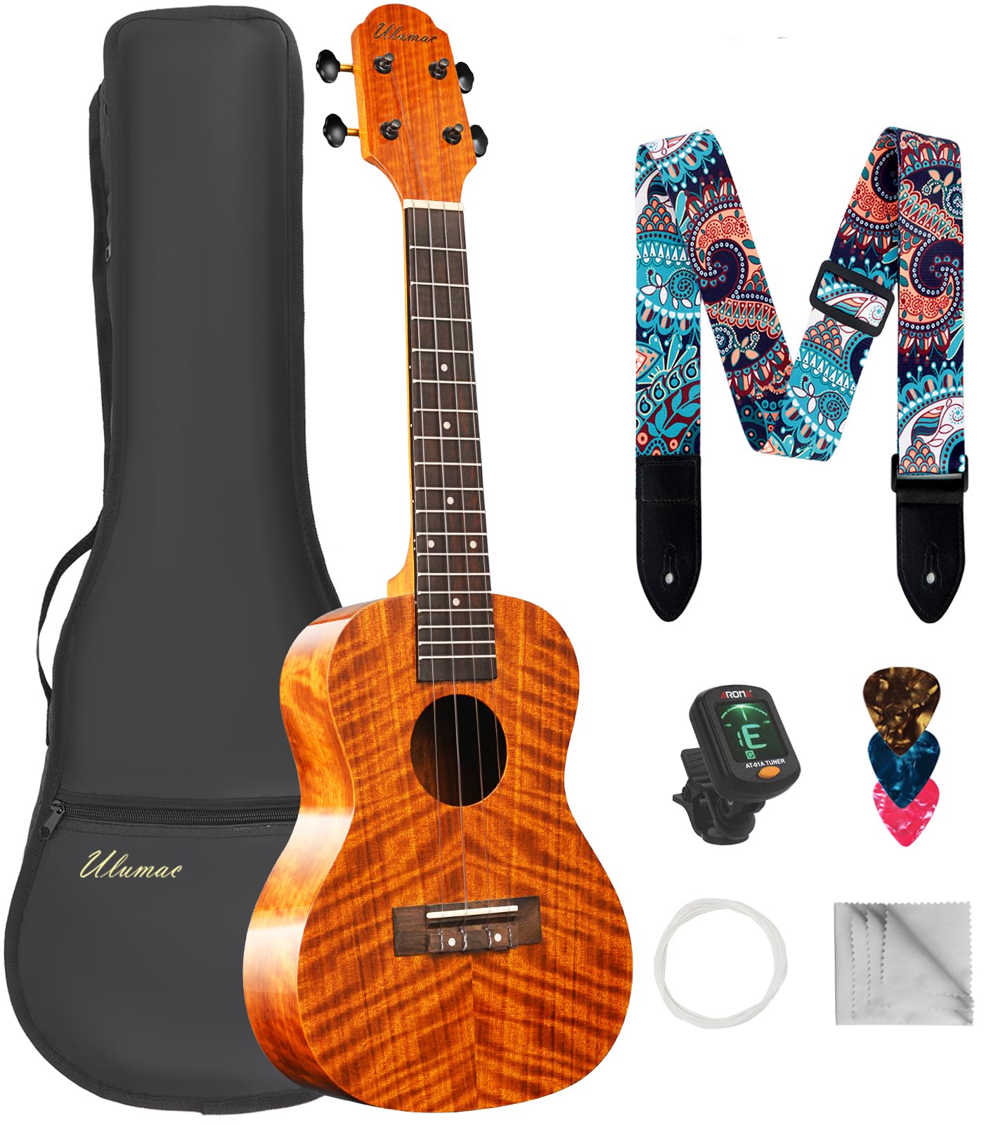 Concert Ukulele, KOA Acacia Wood 23 inch Adults kids Professional Ukelele for Beginners, Hawaiian Ukele Kit with Carbon String, Tuner, Gig Bag, Strap, Guitar Picks, Cleaning Cloth, Folk Style