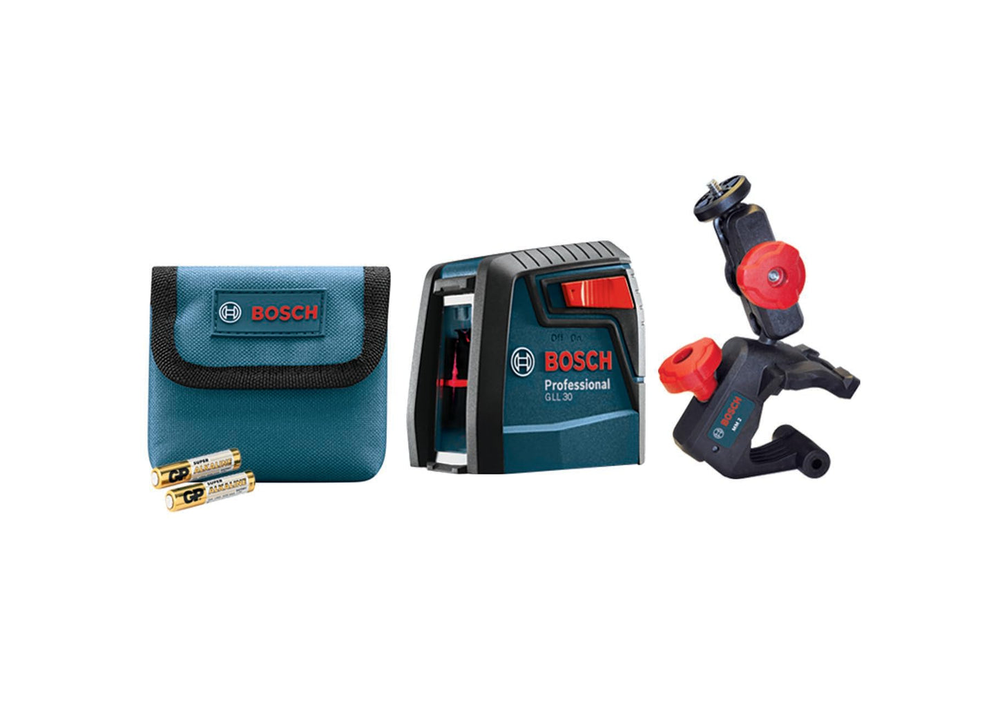 BOSCH GLL 30 30 FT Self-Leveling Cross-Line Laser, Includes 2 AA Batteries &amp; Flexible Mounting Device