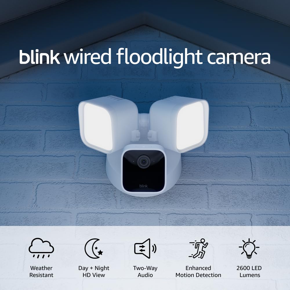 Blink Wired Floodlight Camera - Smart security camera, 2600 lumens, HD live view, enhanced motion detection, built-in siren, Works with Alexa – 1 camera (Black)