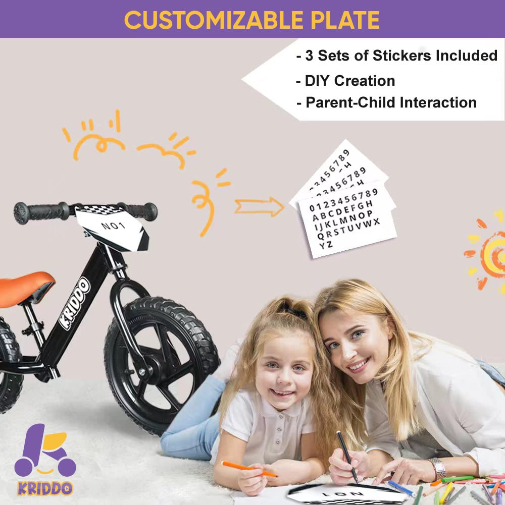 KRIDDO Toddler Balance Bike 2 Year Old, Age 24 Months to 5 Years Old, 12 Inch Push Bicycle with Customize Plate (3 Sets of Stickers Included), Steady Balancing, Gift Bike for 2-3 Boys Girls