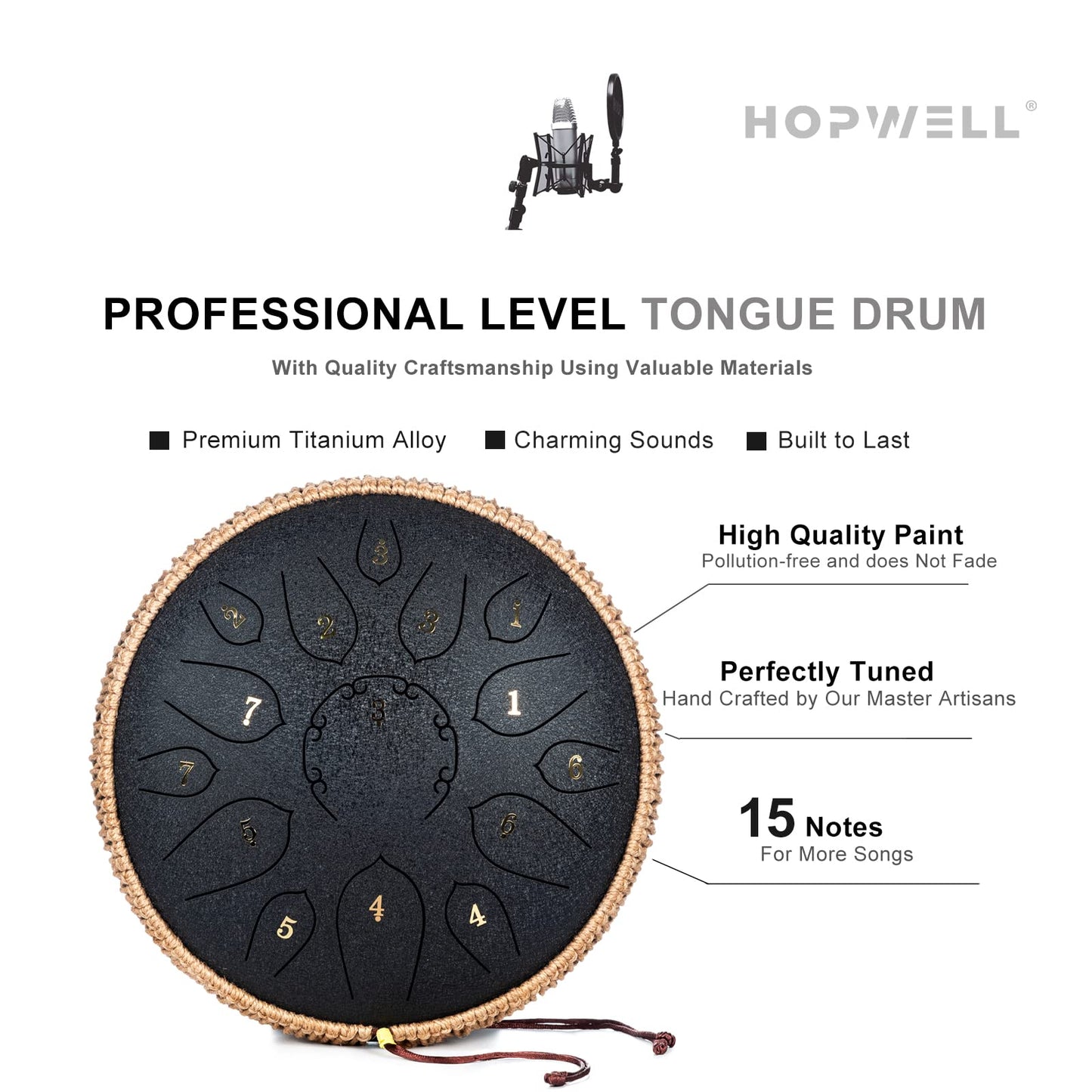 Steel Tongue Drum - 15 Note 12 Inch Tongue Drums - Percussion Instruments - Hand Pan Drum with Music Book, Drum Mallets and Carry Bag, D Major, Black