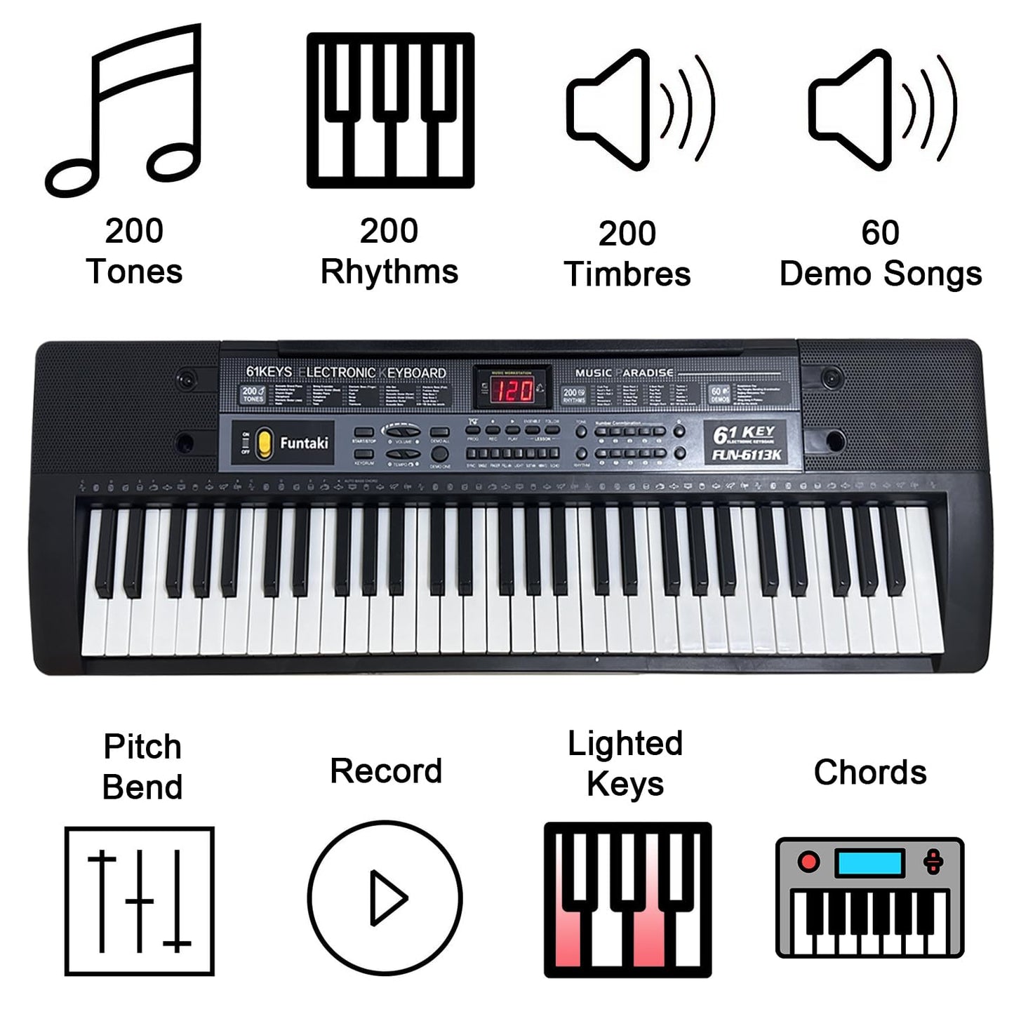 Portable 61-Keys Digital Piano, Electronic Keyboard Piano with Lighted Keys &amp; Music Stand, Mini Keyboard Piano for Beginners Kids Adults, Digital Keyboards, Black [NO Adapter]