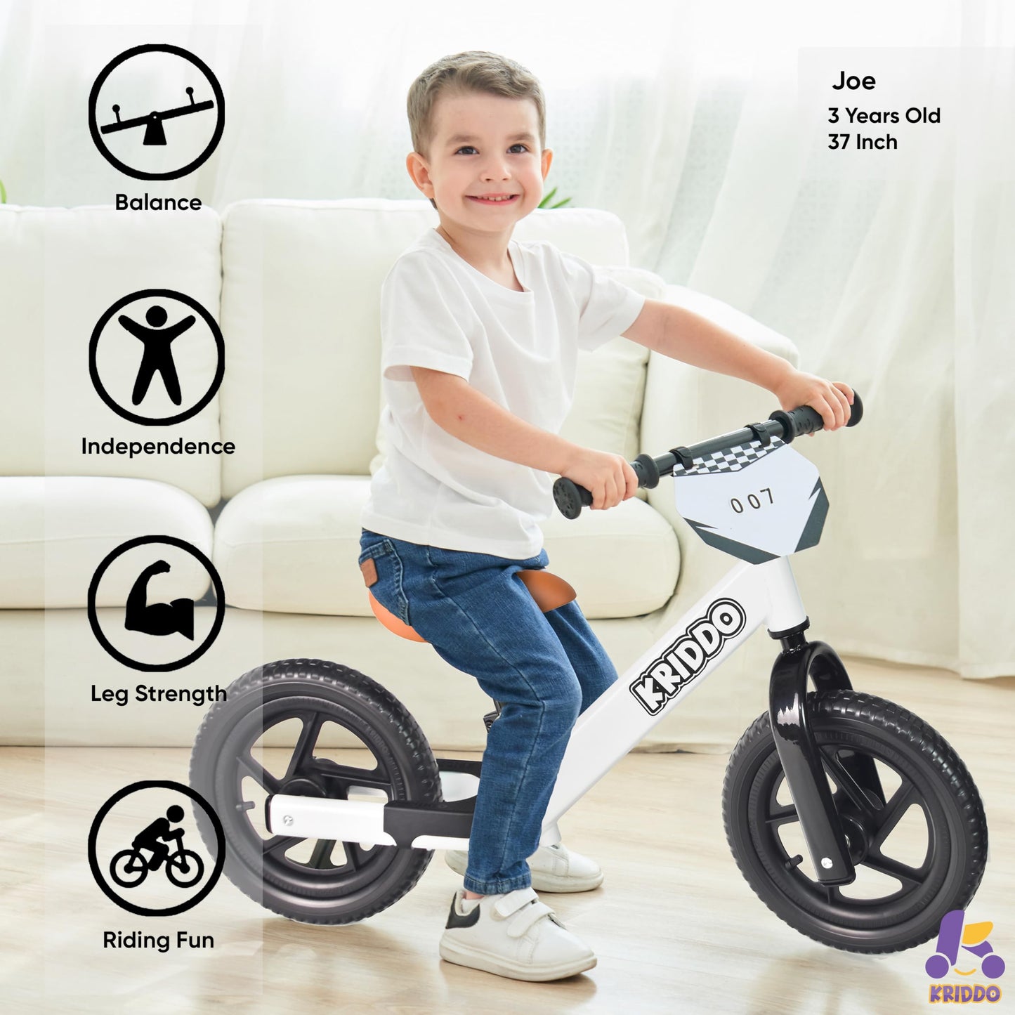 KRIDDO Toddler Balance Bike 2 Year Old, Age 24 Months to 5 Years Old, 12 Inch Push Bicycle with Customize Plate (3 Sets of Stickers Included), Steady Balancing, Gift Bike for 2-3 Boys Girls