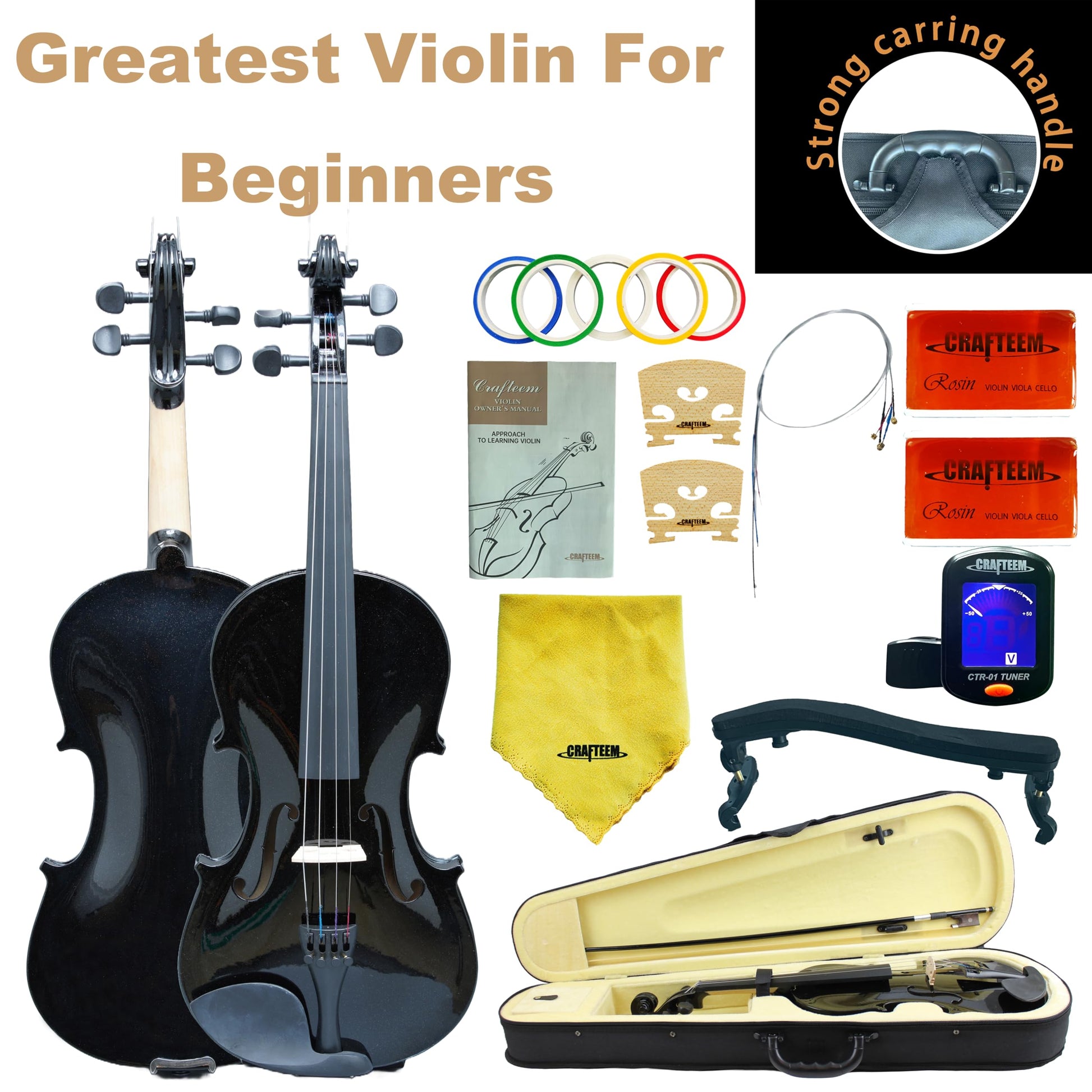 1/2 Fiddle Black Colored Premium Violin Outfit for Beginners Adults Kids With 5 Color Fingering Tape- Handcrafted Student Beginner Violin.(Black, 1/2)