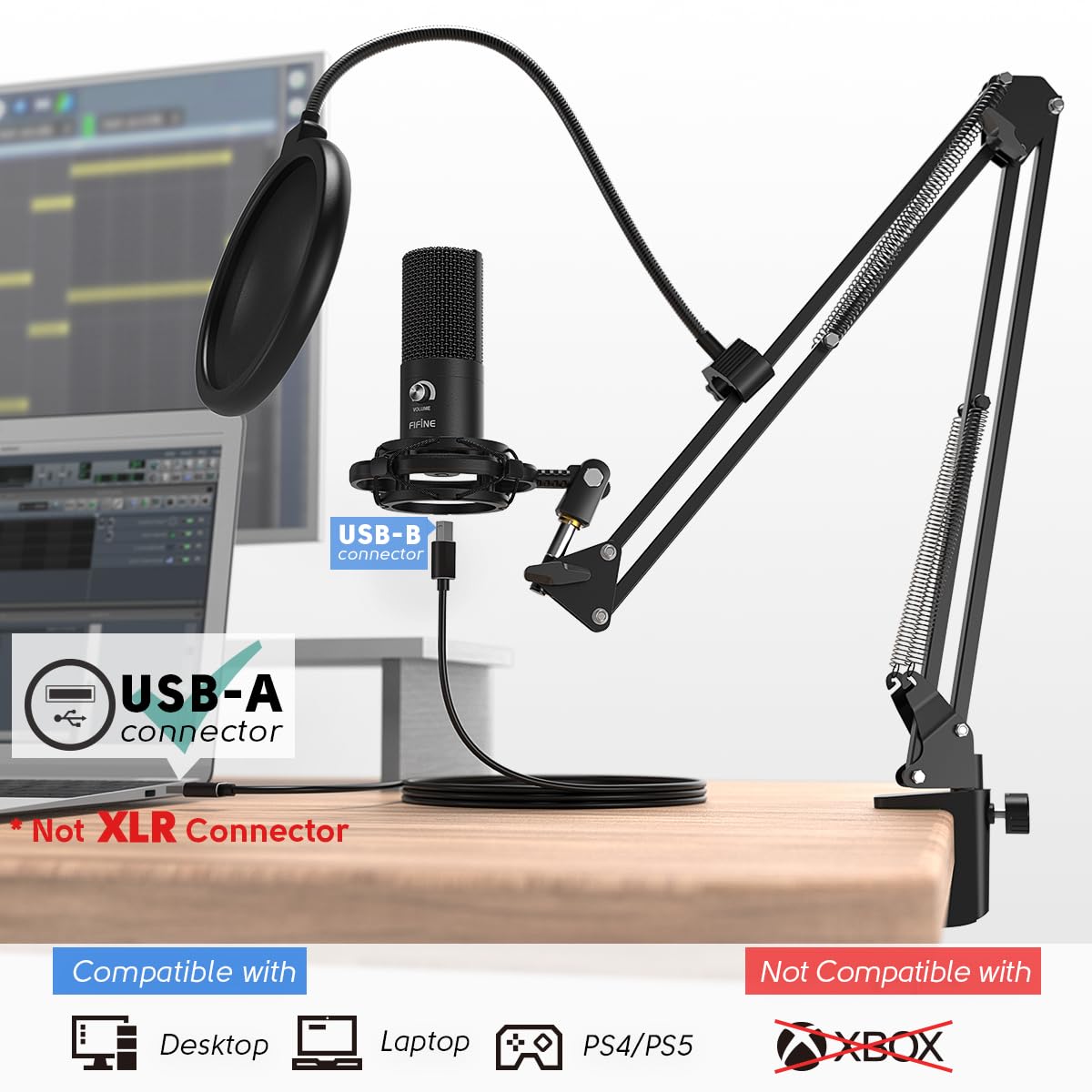 FIFINE Studio Condenser USB Microphone Computer PC Microphone Kit with Adjustable Boom Arm Stand Shock Mount for Instruments Voice Overs Recording Podcasting YouTube Vocal Gaming Streaming-T669