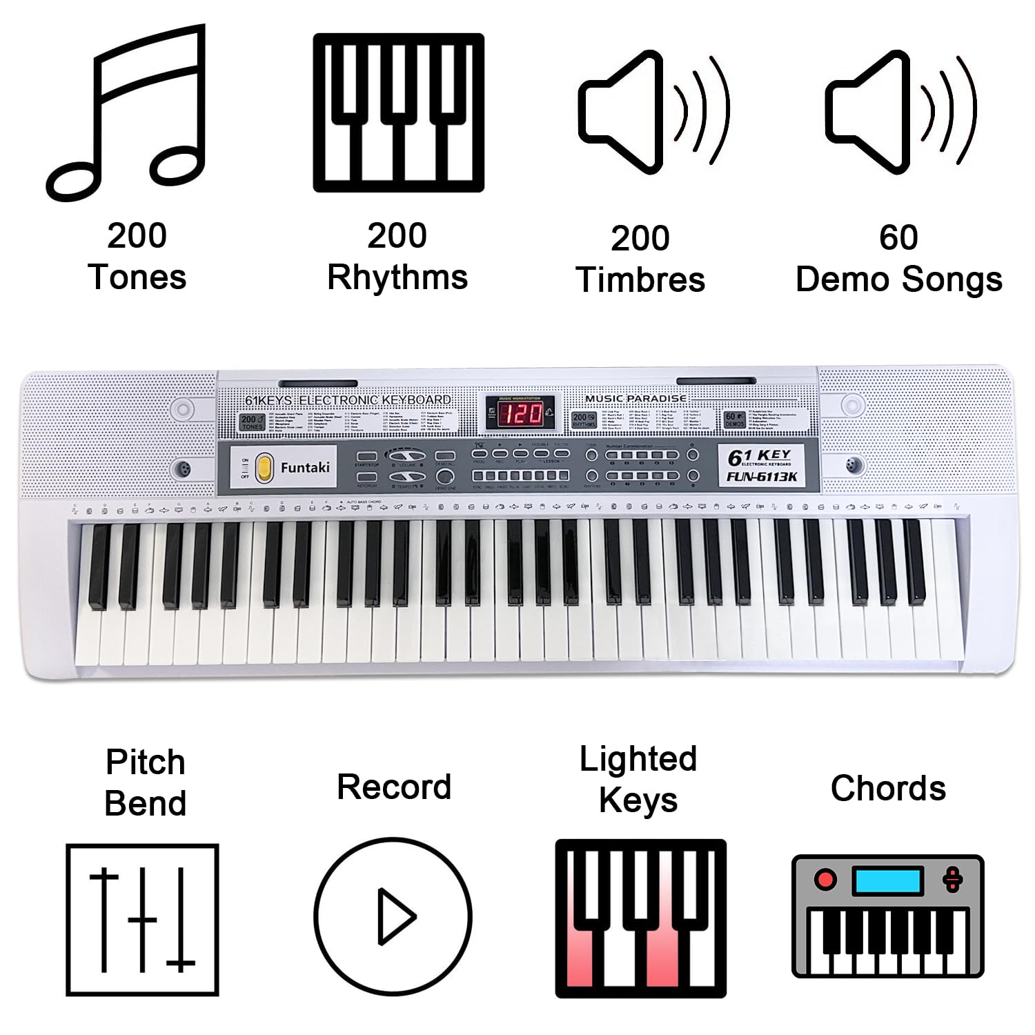 Portable 61-Keys Digital Piano, Electronic Keyboard Piano with Lighted Keys &amp; Music Stand, Mini Keyboard Piano for Beginners Kids Adults, Digital Keyboards, Black [NO Adapter]