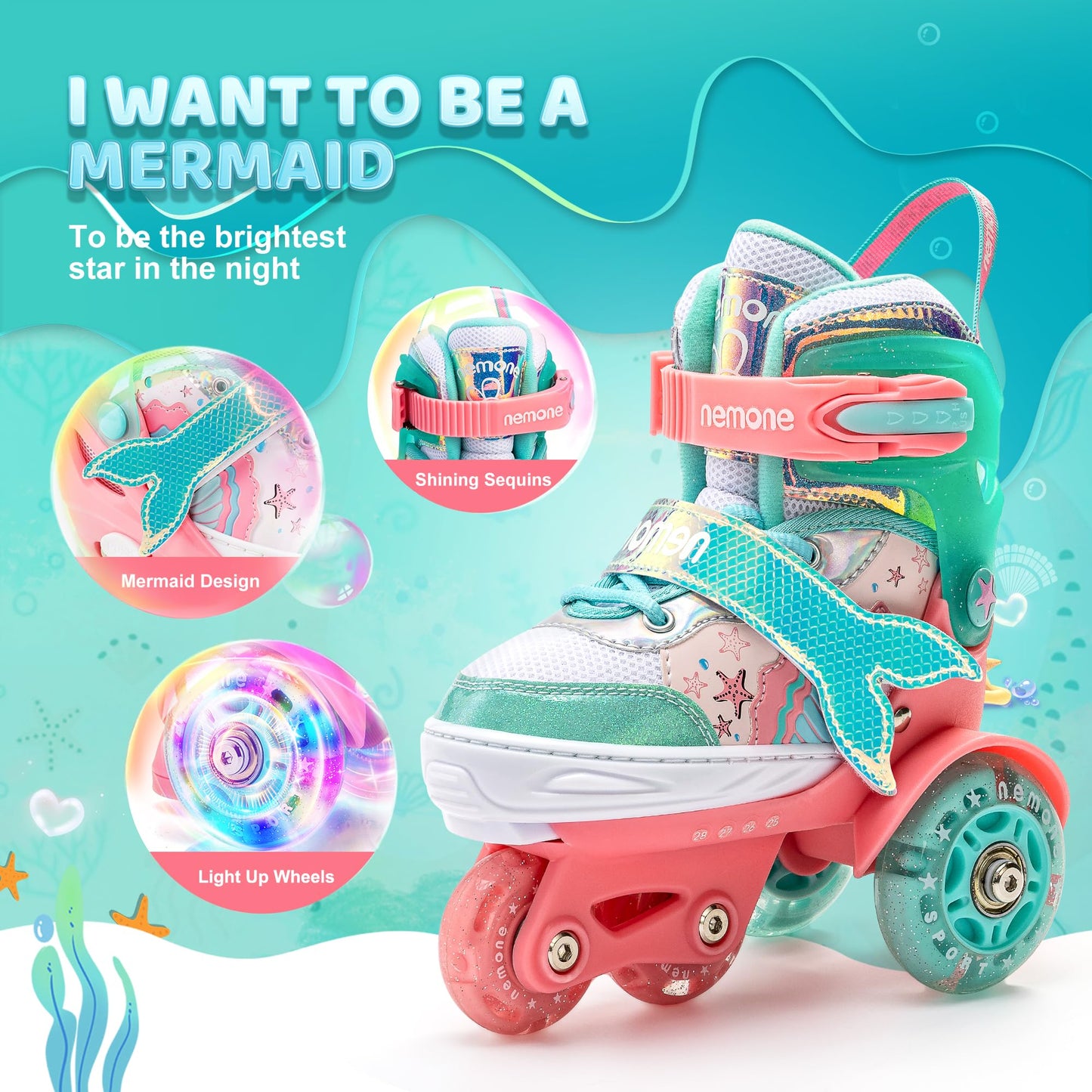 NEMONE Mermaid 4 Size Adjustable Light up Roller Skates for Girls, Purple Blue Skates for Toddlers, Beginner Kids Roller Skates Indoor Outdoor