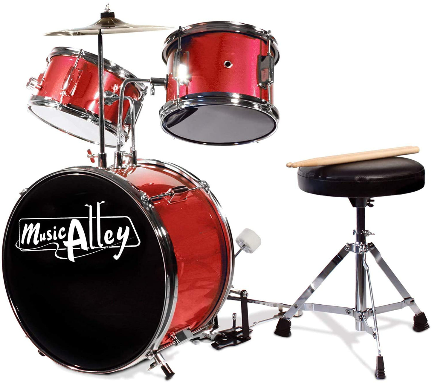 Music Alley 3 Piece Kids Drum Set with Throne, Cymbal, Pedal &amp; Drumsticks, Blue, (DBJK02)