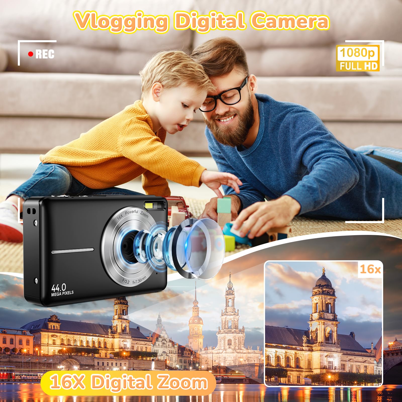 Digital Camera, 2024 Upgraded FHD 1080P Digital Camera for Kids with 16X Zoom, Flashlight, 32GB Card, 44MP Point and Shoot Camera Compact Small Selfie Camera for Girls, Boys, Teens, Students,Pink