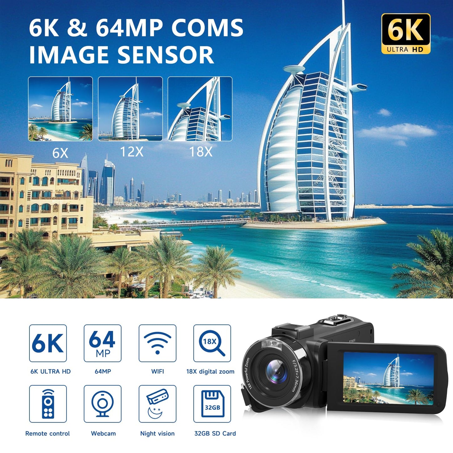 Video Camera, Full HD 1080P Camcorder 48MP YouTube Vlogging Camera Recorder 3.0 Inch 270° Rotation Screen 18X Digital Zoom with Remote Control, Microphone, Mini Tripod, 2 Battries, 32GB SD Card