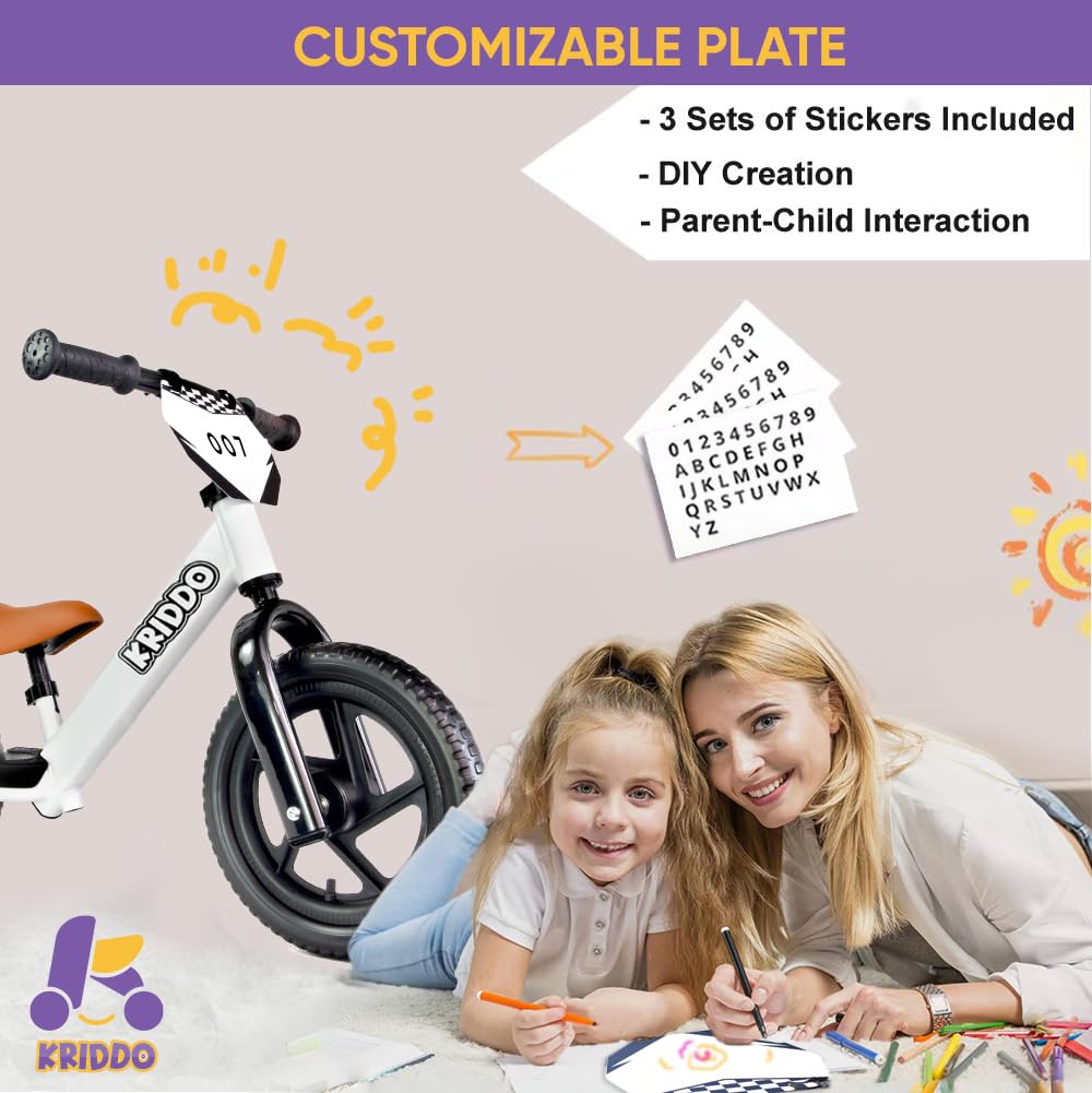 KRIDDO Toddler Balance Bike 2 Year Old, Age 24 Months to 5 Years Old, 12 Inch Push Bicycle with Customize Plate (3 Sets of Stickers Included), Steady Balancing, Gift Bike for 2-3 Boys Girls