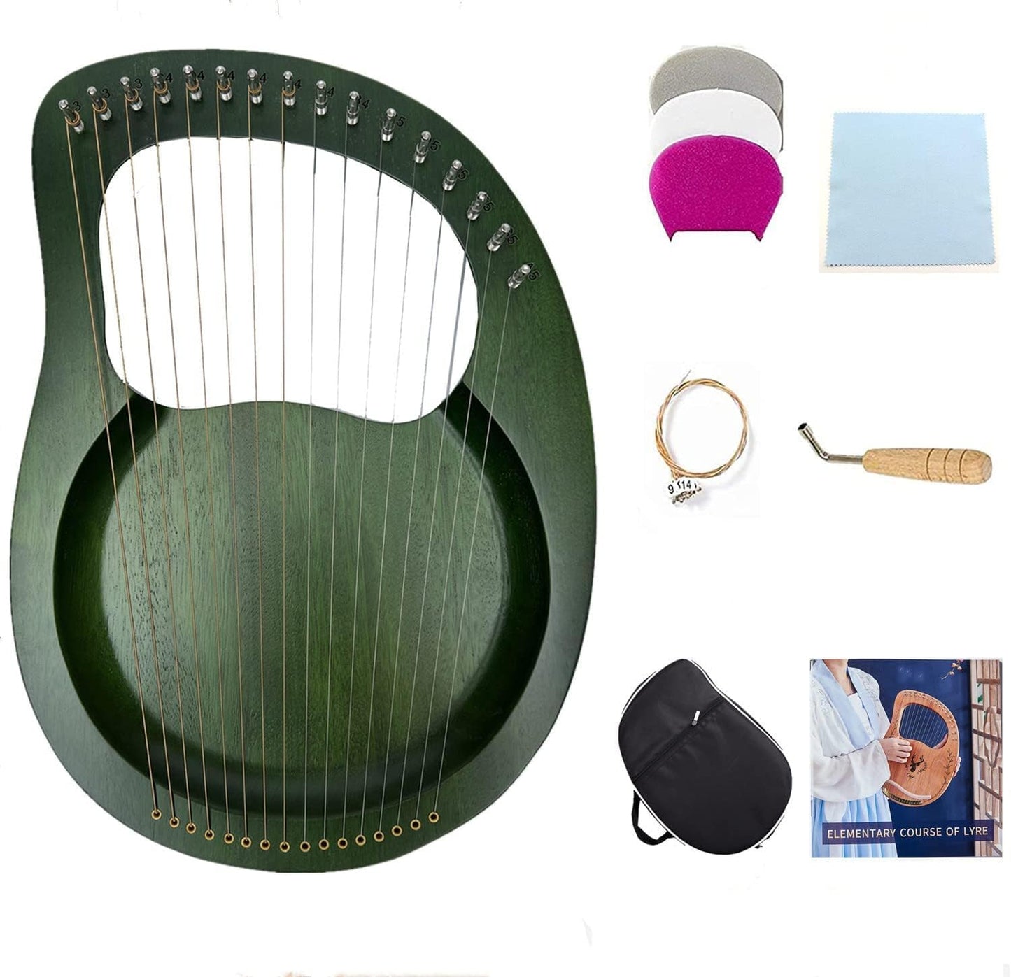 Lyre Harp, 16 Metal Strings Maple Saddle Mahogany Body Lyre Harp with All Accessories Included (Color:Green)