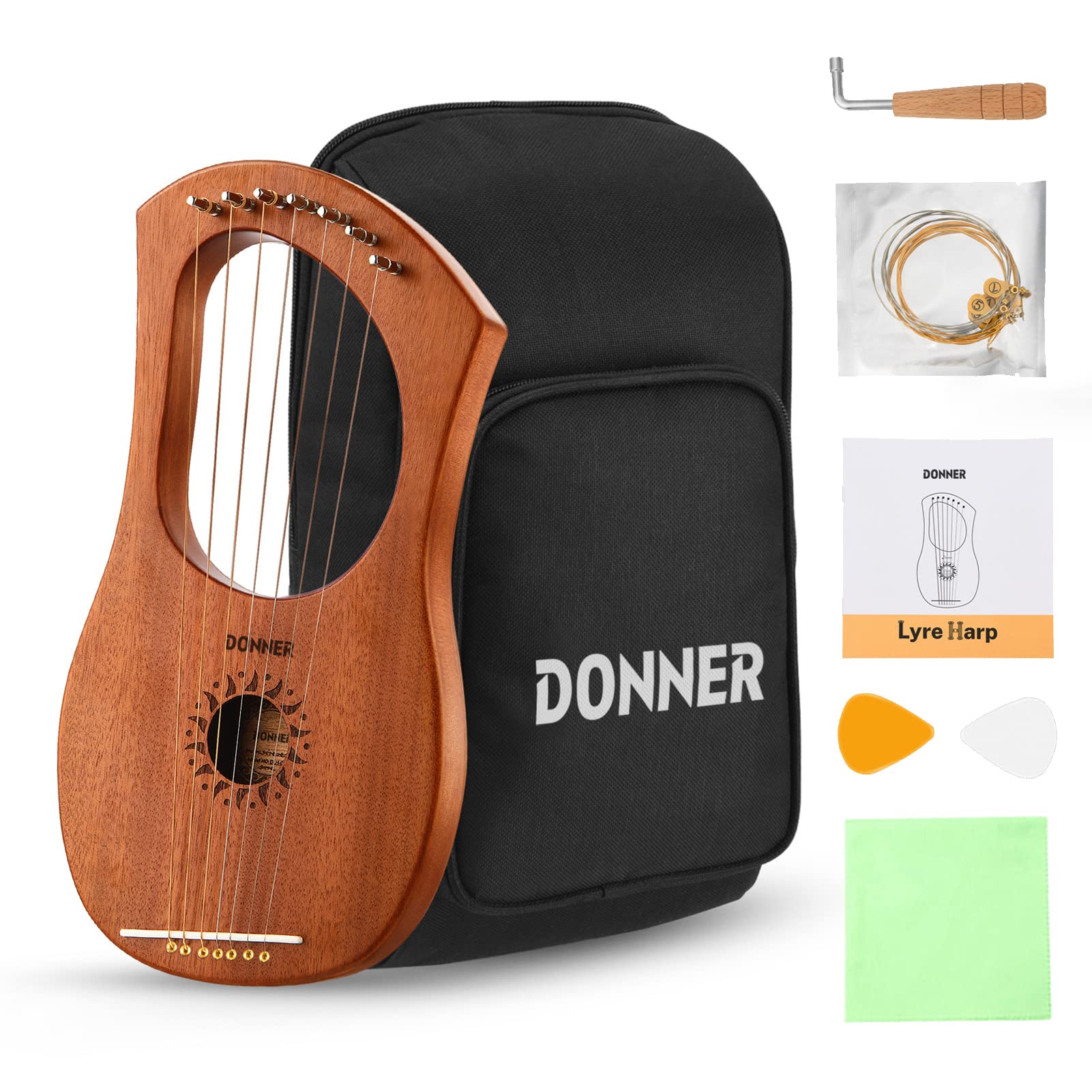 Donner Lyre Harp, 7 Metal Strings, Mahogany Body and Bone Saddle DLH-001 Lyre Harp for Beginner Kids with Tuning Wrench, Spare String Set, Black Gig Bag, Manual, Ancient Greece Style