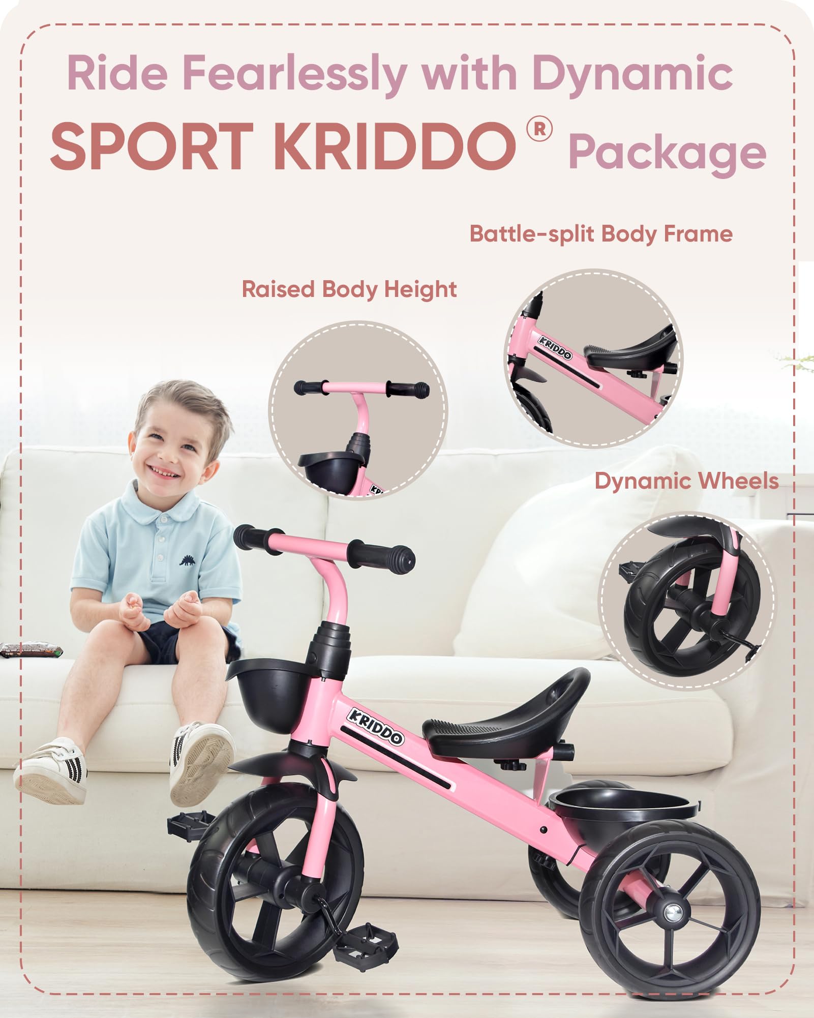 KRIDDO Kids Tricycle for 2-5 Year Olds - Gift for Toddlers - Black