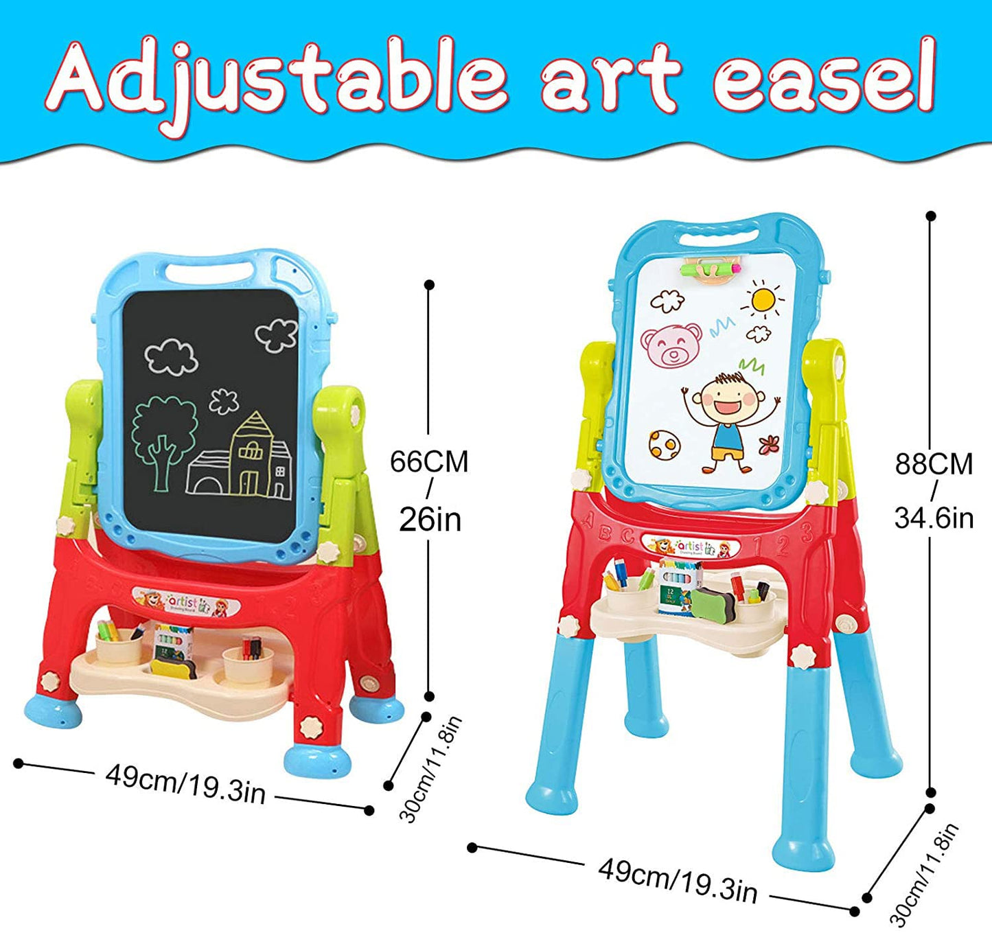 Easel for Kids,Rotatable Double Sided Adjustable Standing Art Easel with Painting Accessories for Toddlers Boys and Girls-Blue