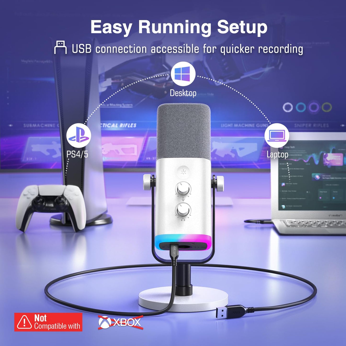 FIFINE USB/XLR Dynamic Microphone for Podcast Recording, PC Computer Gaming Streaming Mic with RGB Light, Mute Button, Headphones Jack, Desktop Stand, Vocal Mic for Singing YouTube-AmpliGame AM8