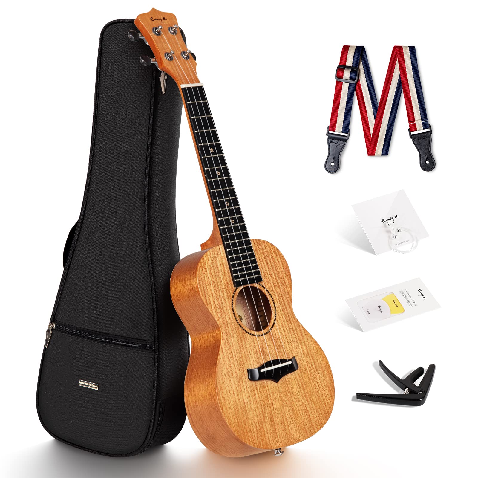 Enya Concert Ukulele 23 Inch Blue Solid Mahogany Top with Ukulele Starter Kit Includes Online Lessons, Tuner,Case, Strap, Strings, Capo, Sand Shaker, Pick,Polish Cloth (EUC-25D BU)