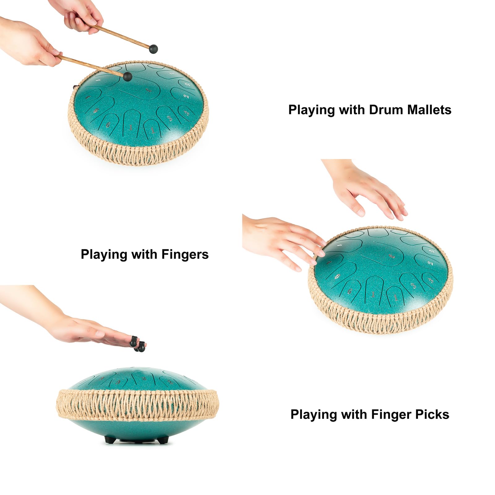 Steel Tongue Drum - 13 Inches 15 Notes Tongue Drum - Hand Pan Drum with Music Book, Handpan Drum Mallets and Carry Bag, D Major (Malachite Green)