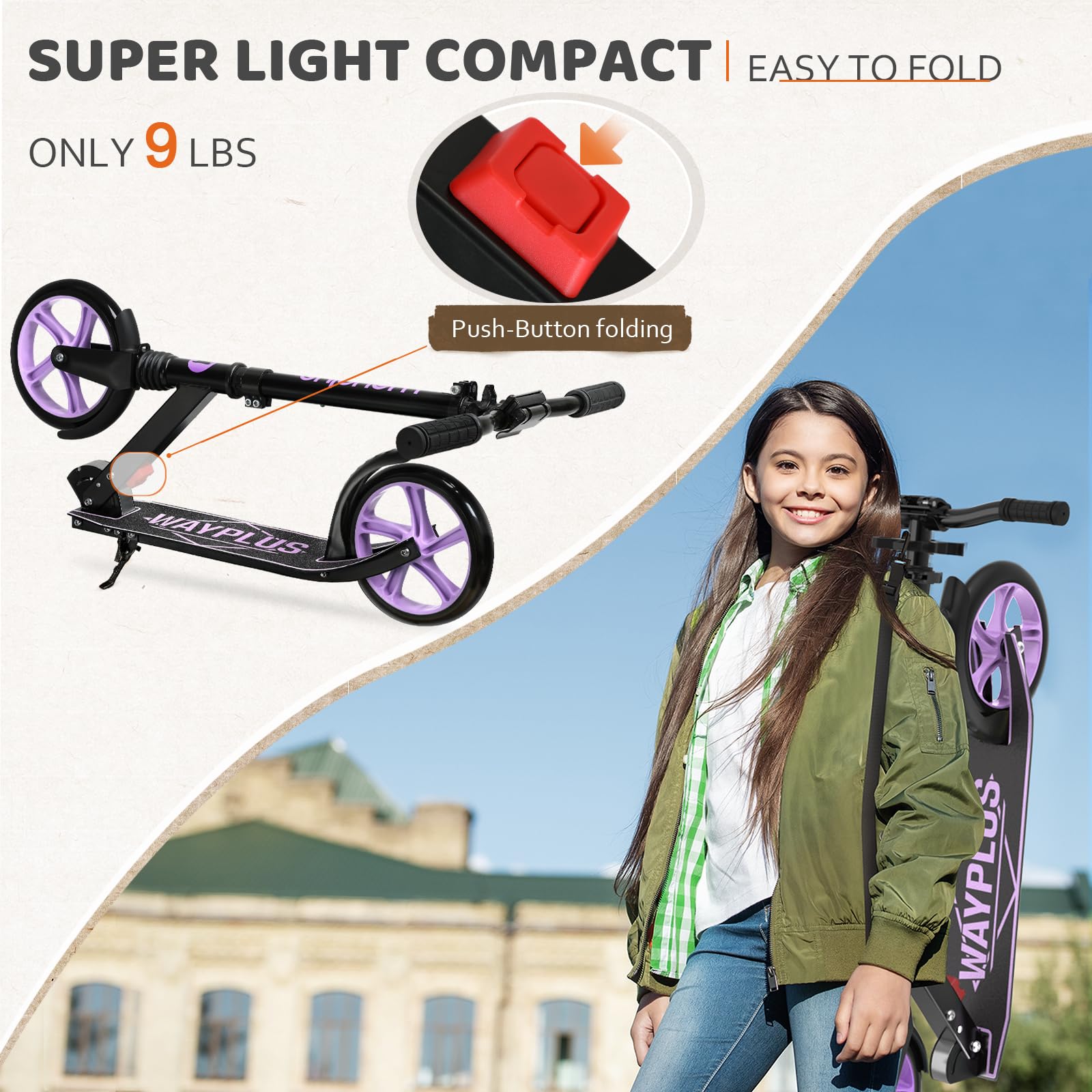 Kick Scooter for Ages 6+,Kid, Teens &amp; Adults. Max Load 240 LBS. Foldable, Lightweight, 8IN Big Wheels for Kids, Teen and Adults, 4 Adjustable Levels. Bearing ABEC9