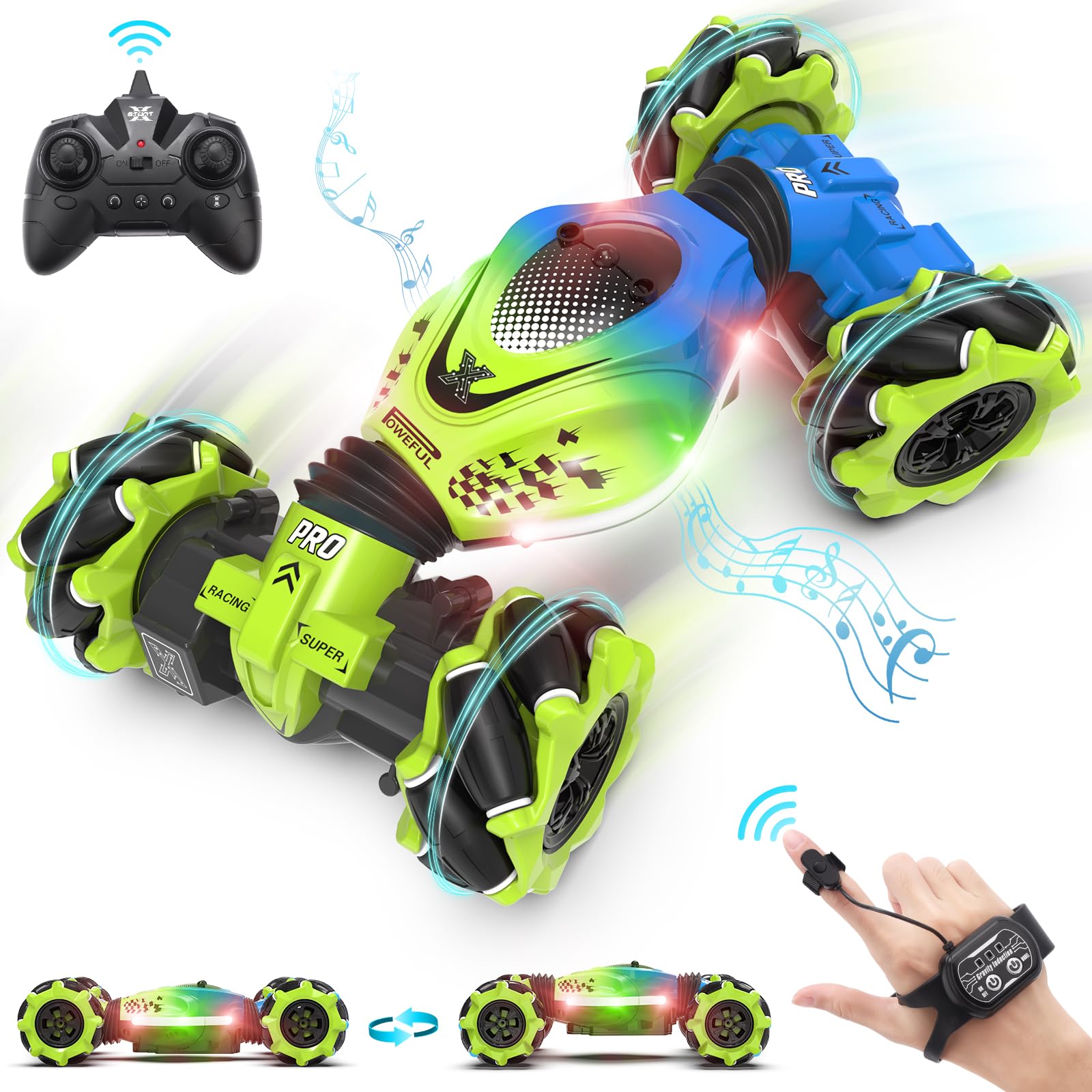 Pristar RC Car Toys for Boys Girls 6-12, Gesture Sensing RC Stunt Car 2.4Ghz 4WD Remote Control Car with Lights Music Double Sided Flip 360° Rotate Off-Road, Birthday Xmas Gifts for Kids Aged 6-12