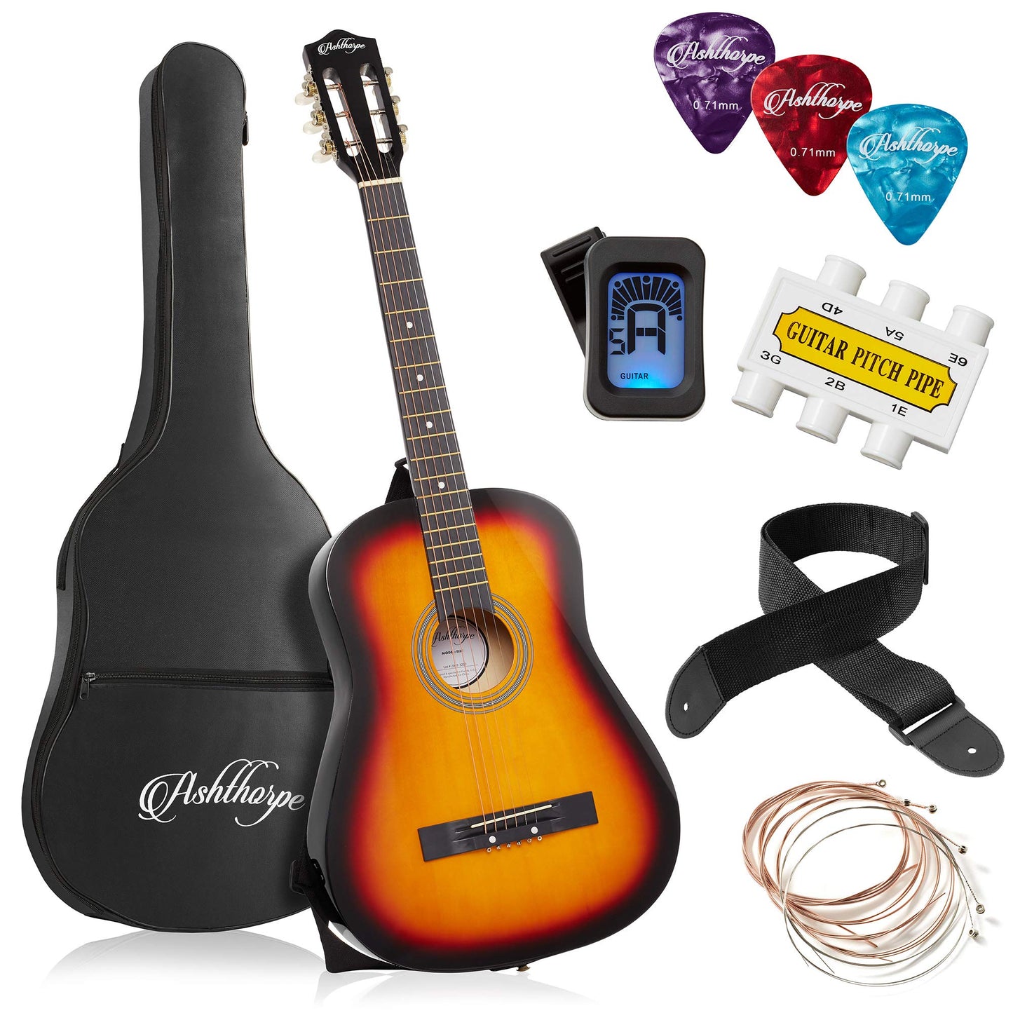 Ashthorpe 30-inch Beginner Acoustic Guitar Package (Black), Basic Starter Kit w/Gig Bag, Strings, Strap, Tuner, Picks