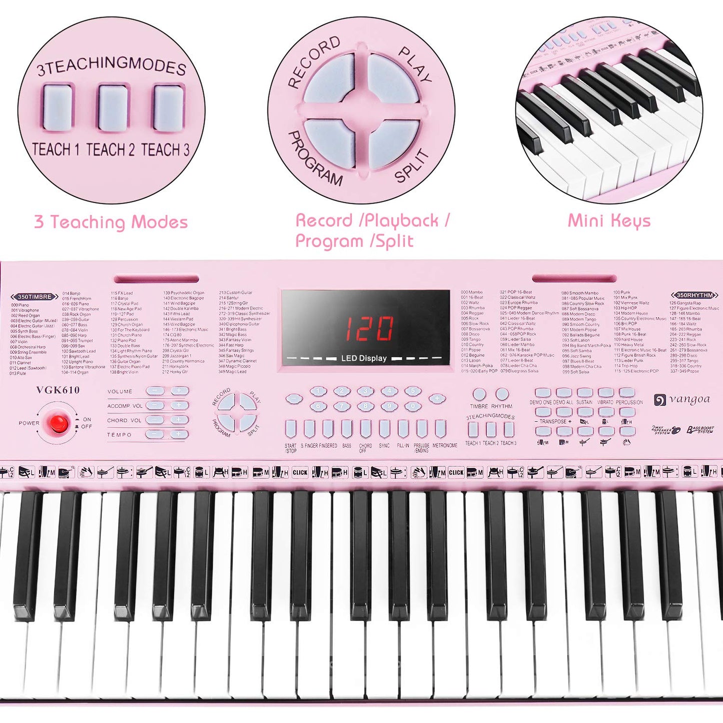 Vangoa 61-Key Light-Up Keyboard Piano for Beginners, 350 Tones &amp; Timbres, 3 Teaching Modes, With Microphone, Black