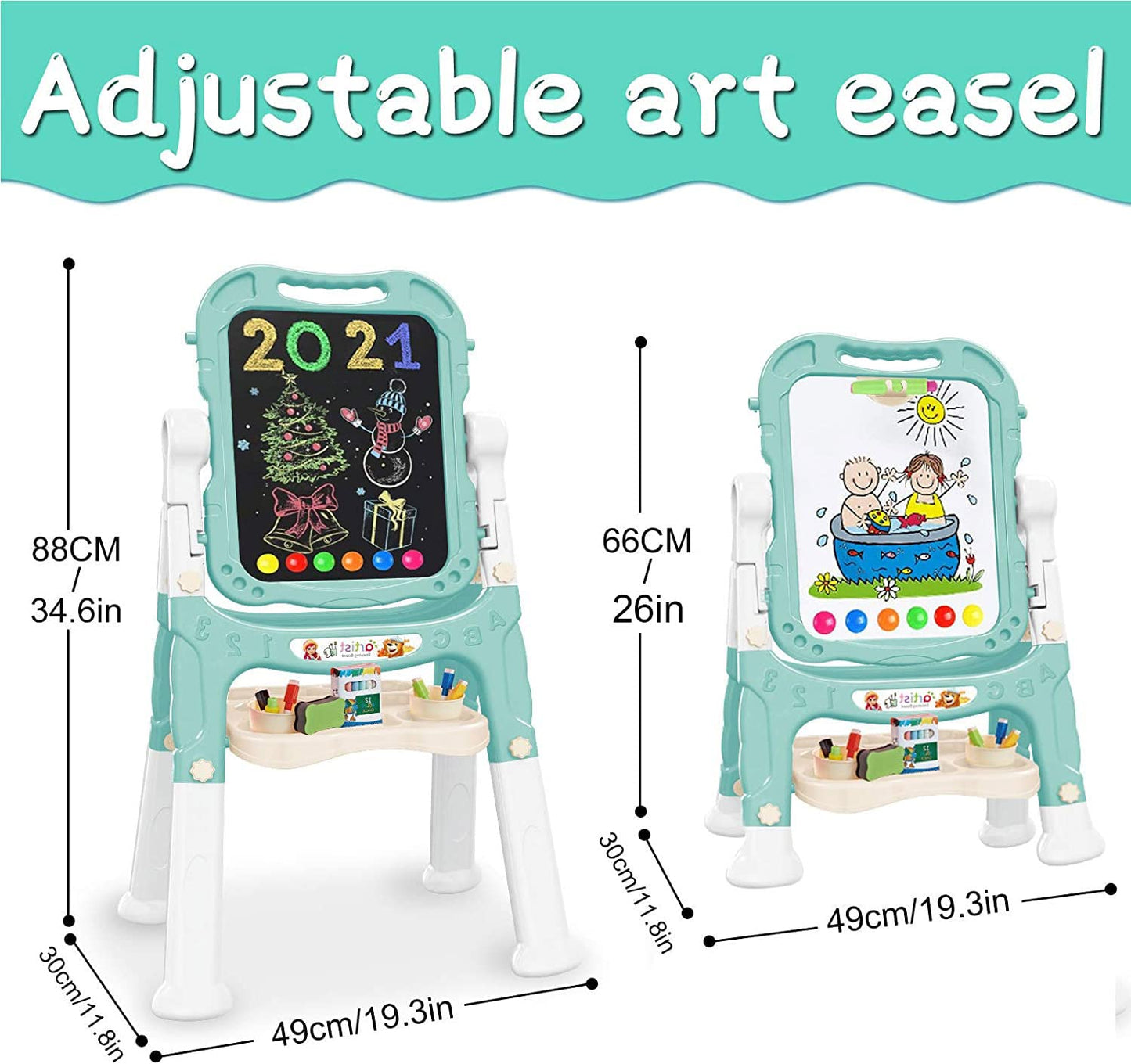 Easel for Kids,Rotatable Double Sided Adjustable Standing Art Easel with Painting Accessories for Toddlers Boys and Girls-Blue