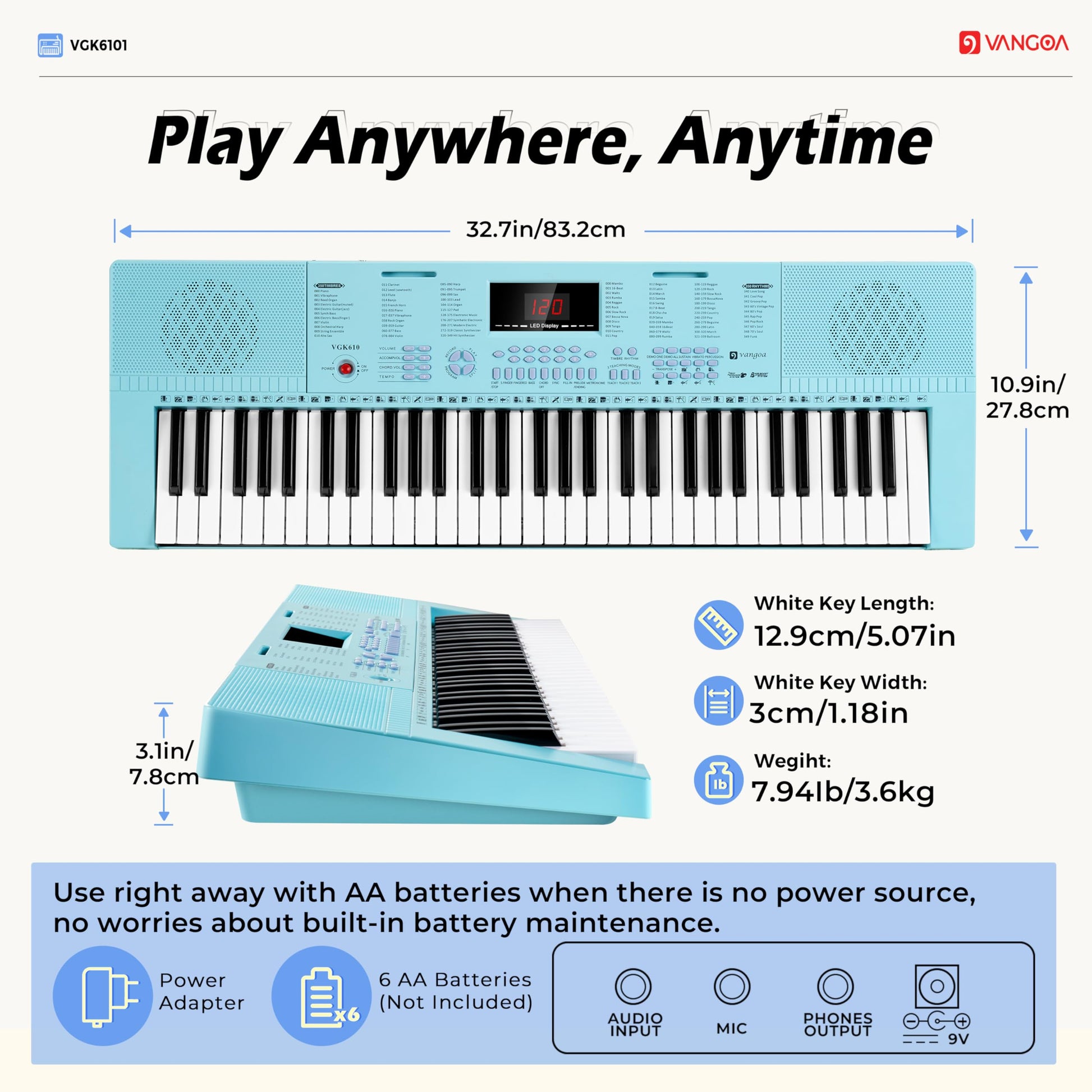 Vangoa 61-Key Light-Up Keyboard Piano for Beginners, 350 Tones &amp; Timbres, 3 Teaching Modes, With Microphone, Black
