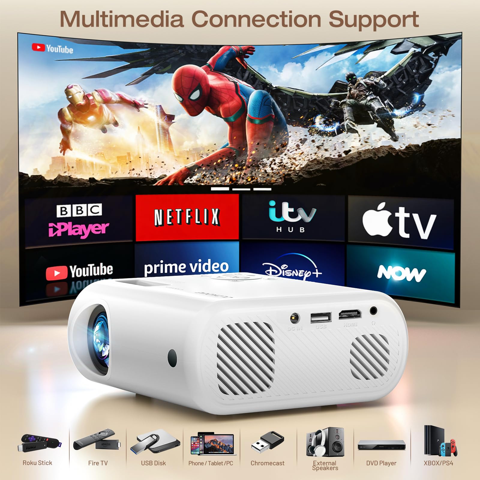 Mini Projector, CLOKOWE 2024 Upgraded Portable Projector with 9000 Lux and Full HD 1080P, Movie Projector Compatible with iOS/Android Phone/Tablet/Laptop/PC/TV Stick/Box/USB Drive/Game Console