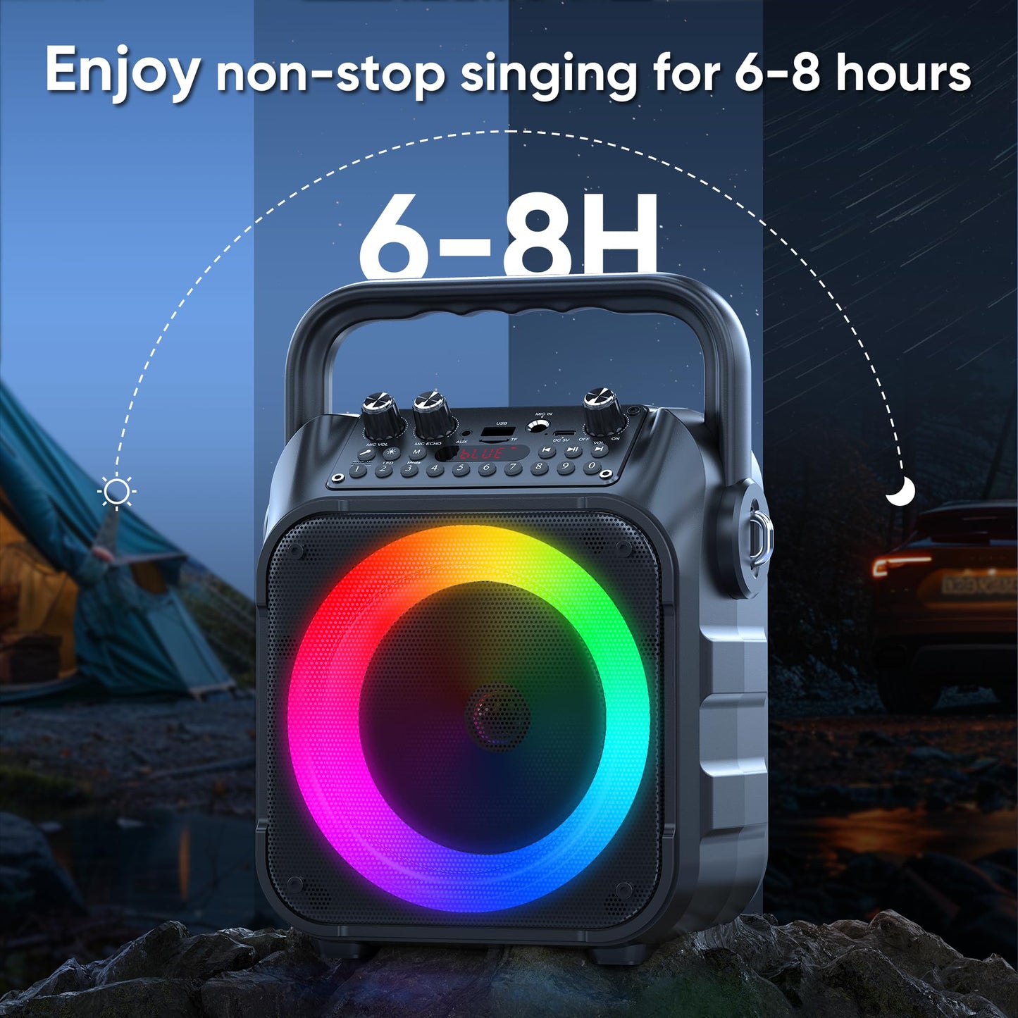 Karaoke Machine, Portable Bluetooth Speaker with 2 Wireless Microphones for Adults &amp; Kids with Lights, Karaoke Microphone with PA System Supports USB/TF/REC/FM/AUX for Home Party