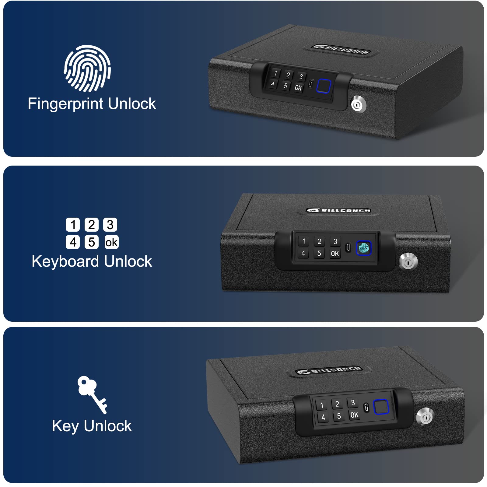 Gun Safe,Biometric Gun Safe for Pistols 3-Ways unlock Safe Fingerprint Digital PIN Key Unlock with Voice, Gun lock box for Cloakroom living room Bedroom Nightstand and Car BILLCONCH